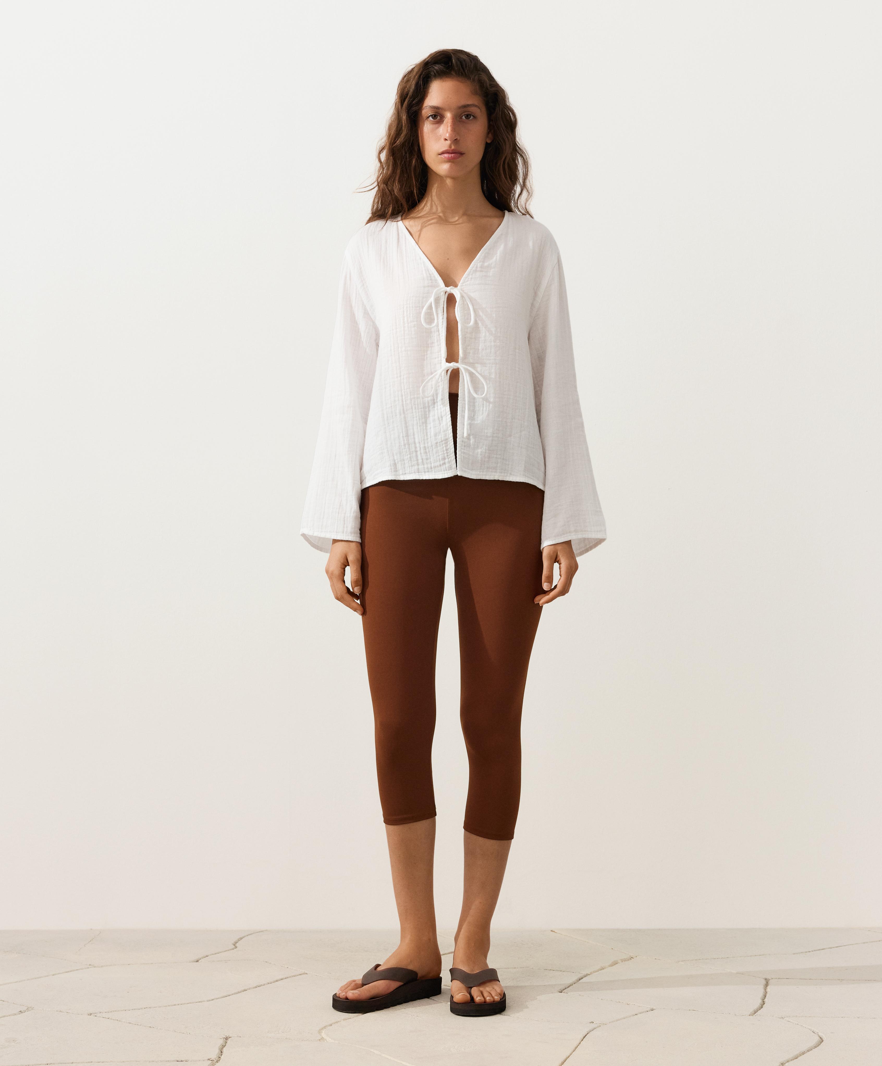 100% cotton gauze long-sleeved tie-front shirt — WHITE