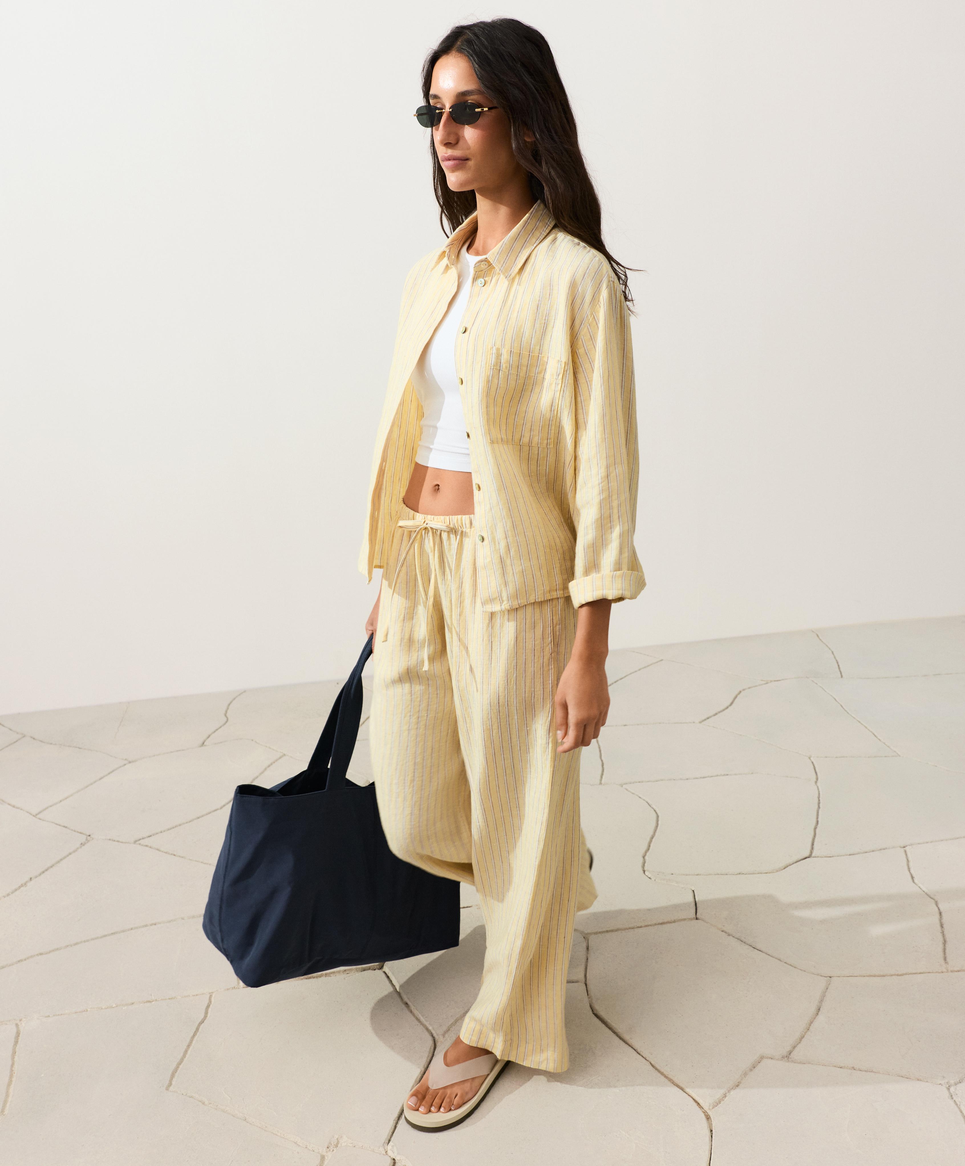 Striped 100% linen cropped shirt — SOFT YELLOW