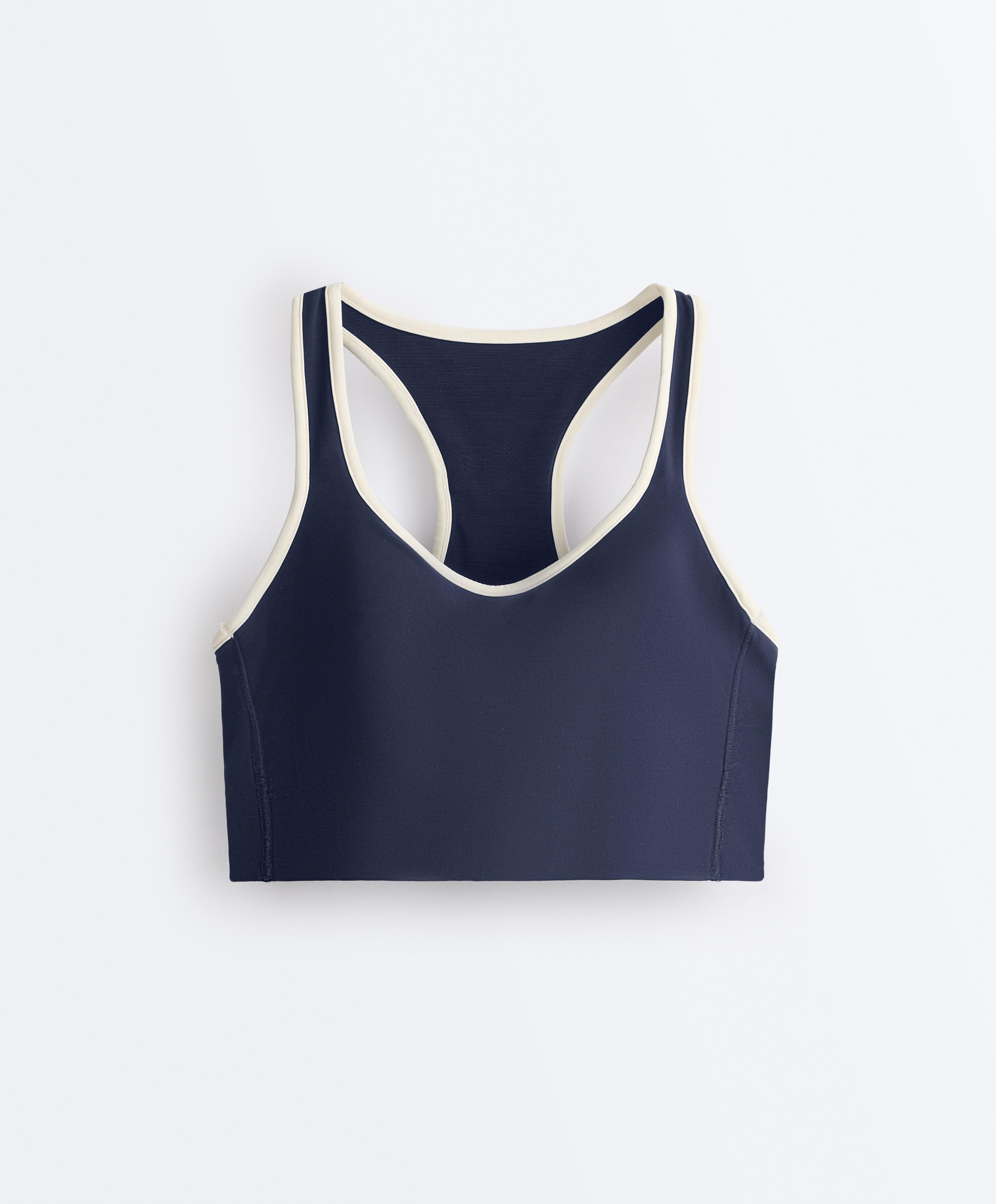 Compressive medium-support sports bra with cups and loop — NAVY BLUE