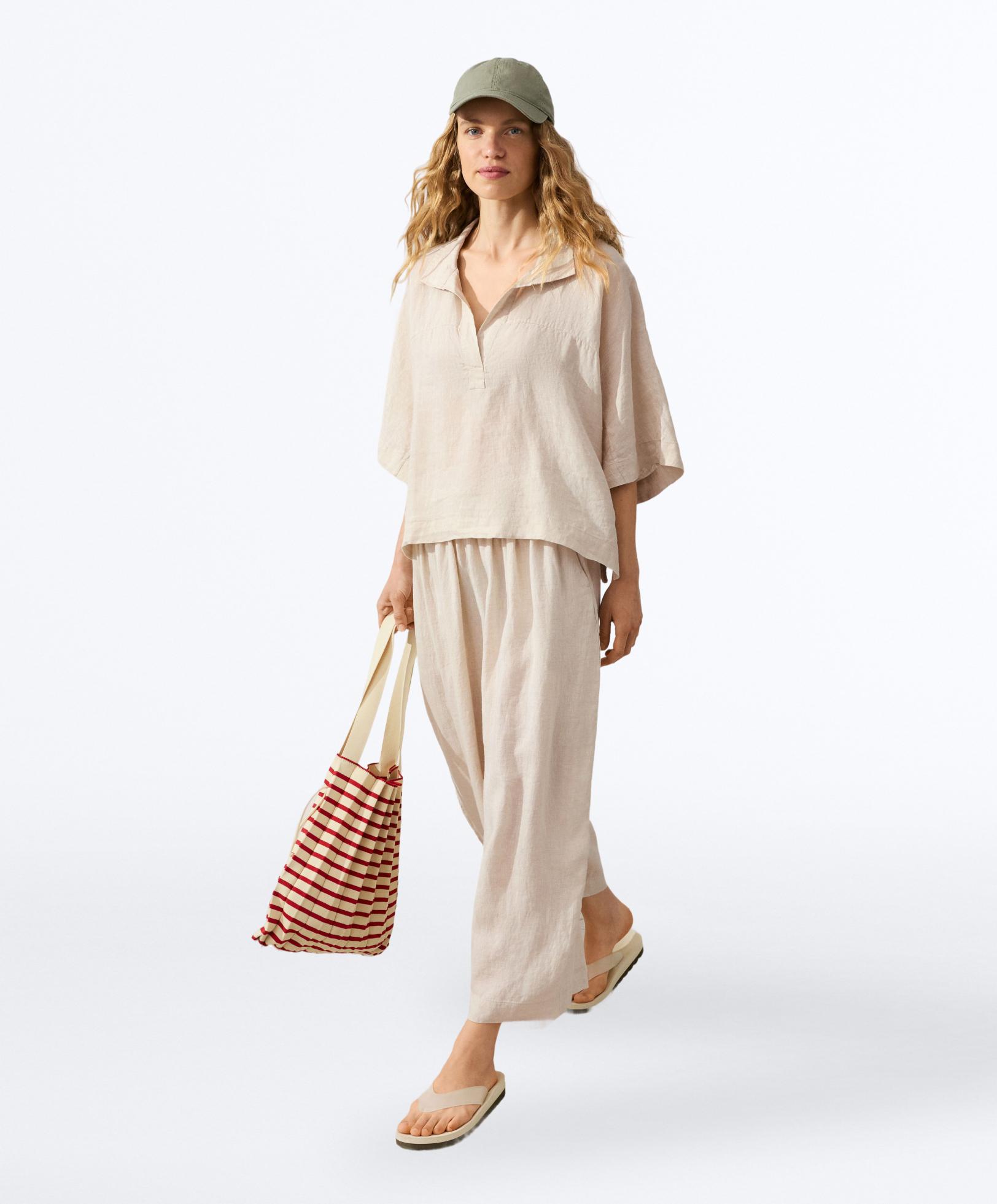 Oversize 100% linen polo shirt — SAND MELANGE