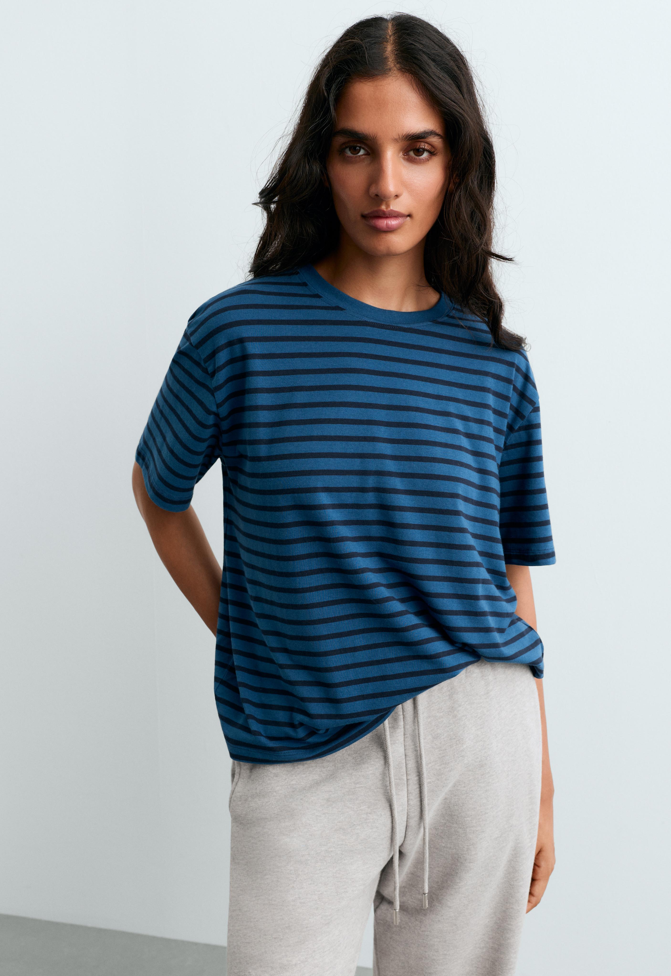 Boxy short-sleeved striped cotton blend T-shirt