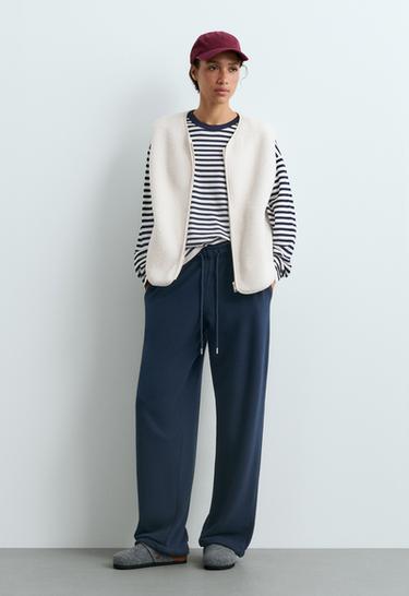 Adjustable cotton-blend fleece straight trousers — NAVY BLUE 1