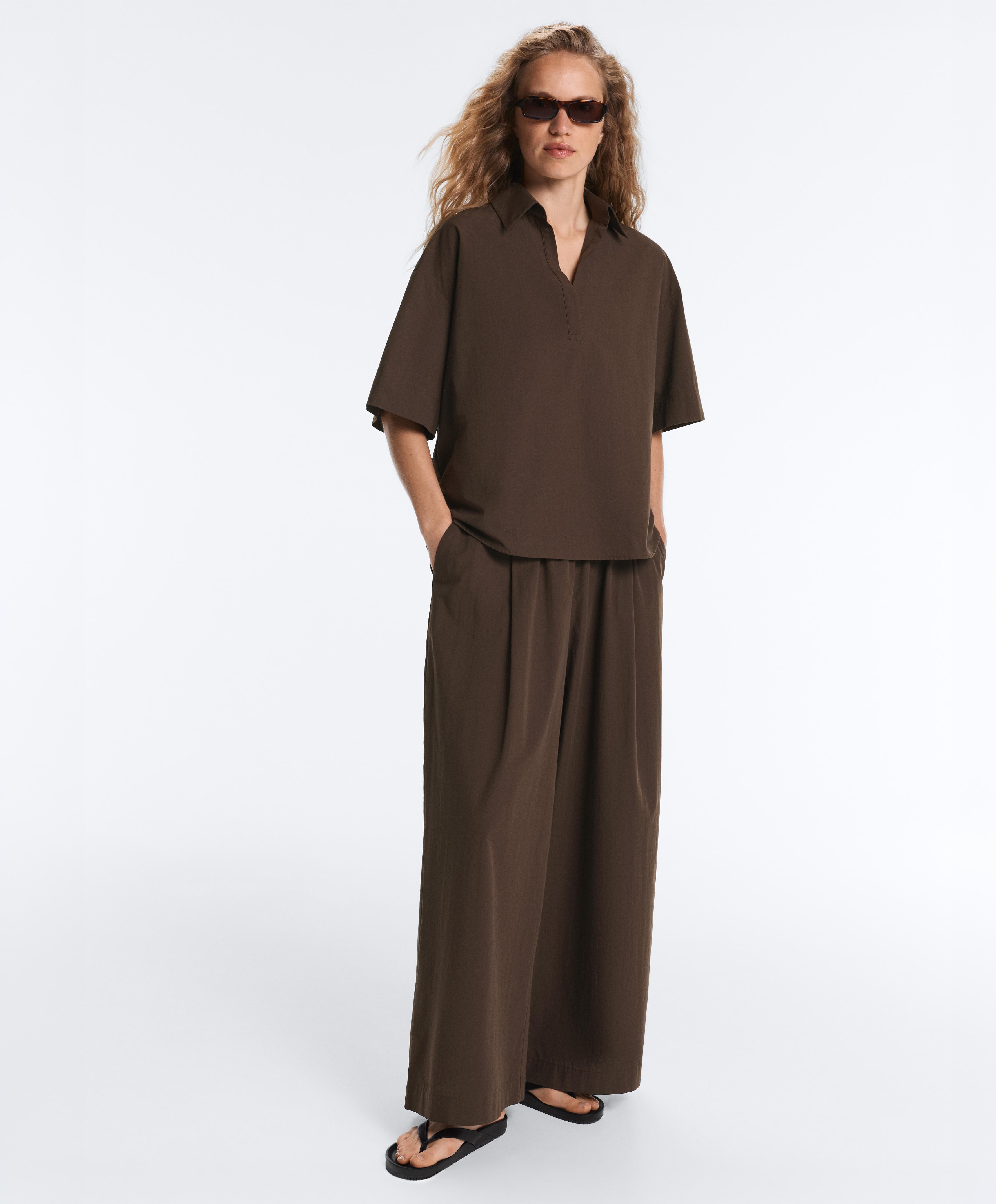 100% cotton poplin wide-leg trousers — DARK BROWN