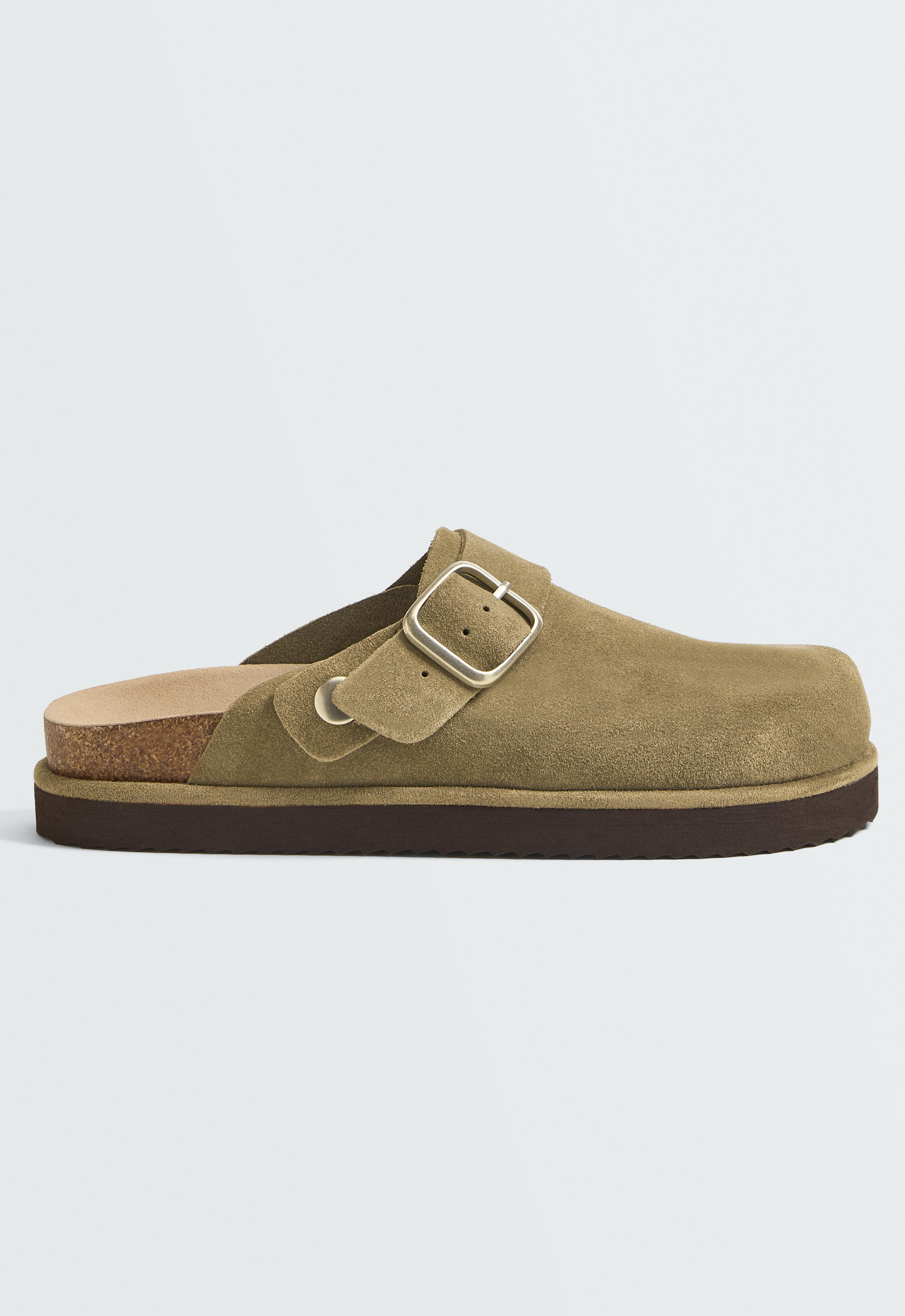 Split-leather buckled mules — KHAKI