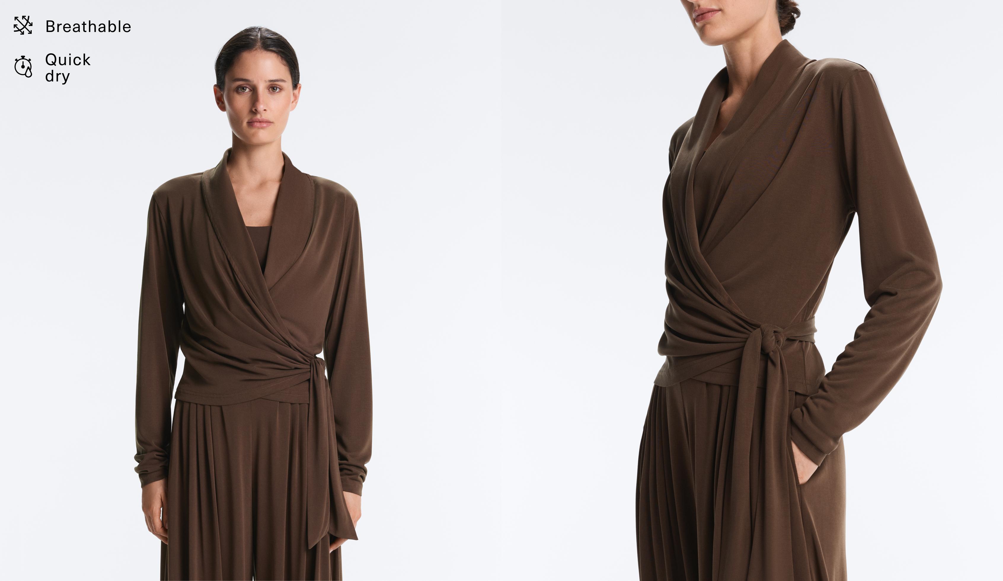 Modal blend long sleeve crossover T-shirt — DARK BROWN
