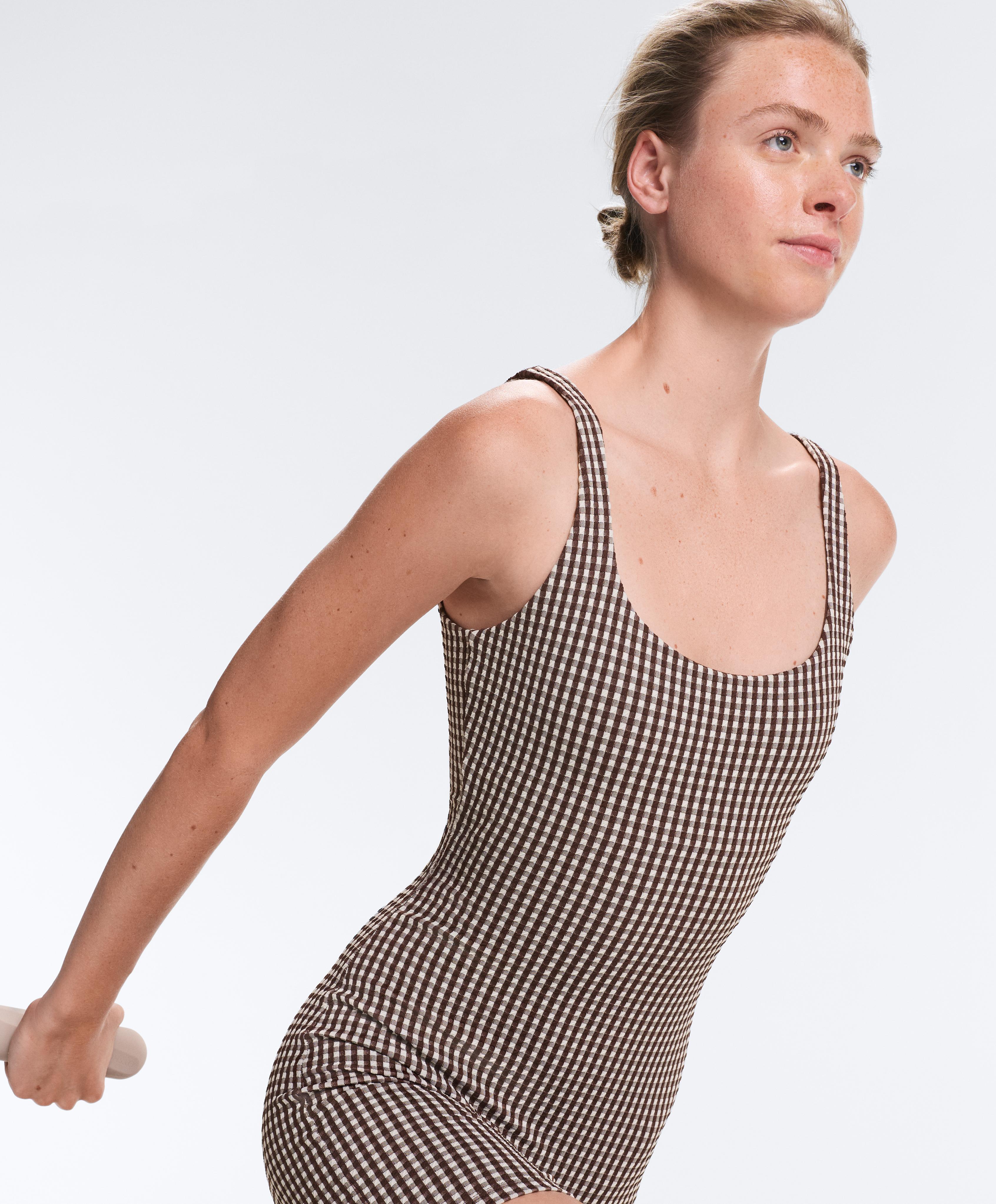 Comfortlux gingham short jumpsuit — DARK REDDISH‑BROWN