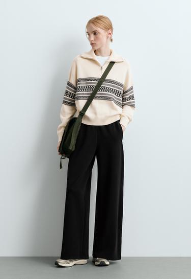 Side rib wide straight-leg trousers with brushed modal — BLACK 1