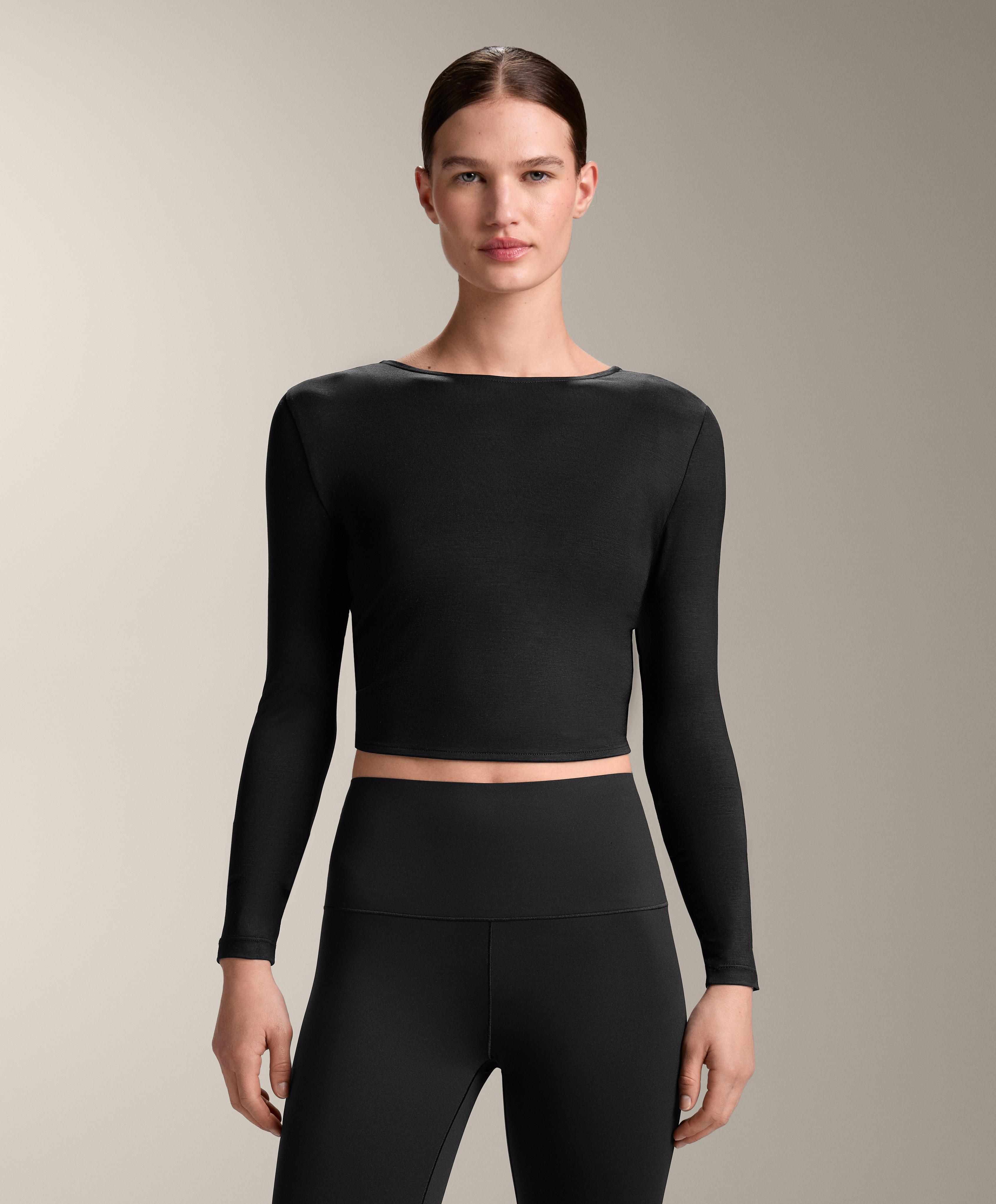 Multi-position long sleeve knotted lyocell blend T-shirt — BLACK