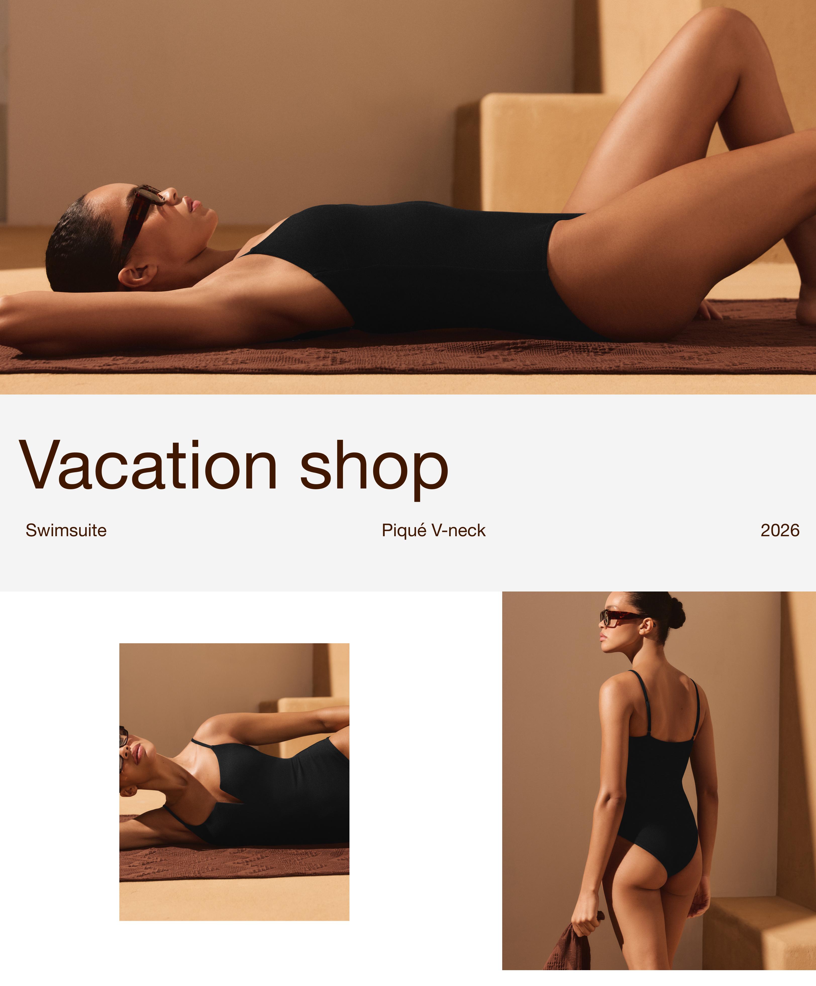 Piqué V-neck swimsuit — BLACK