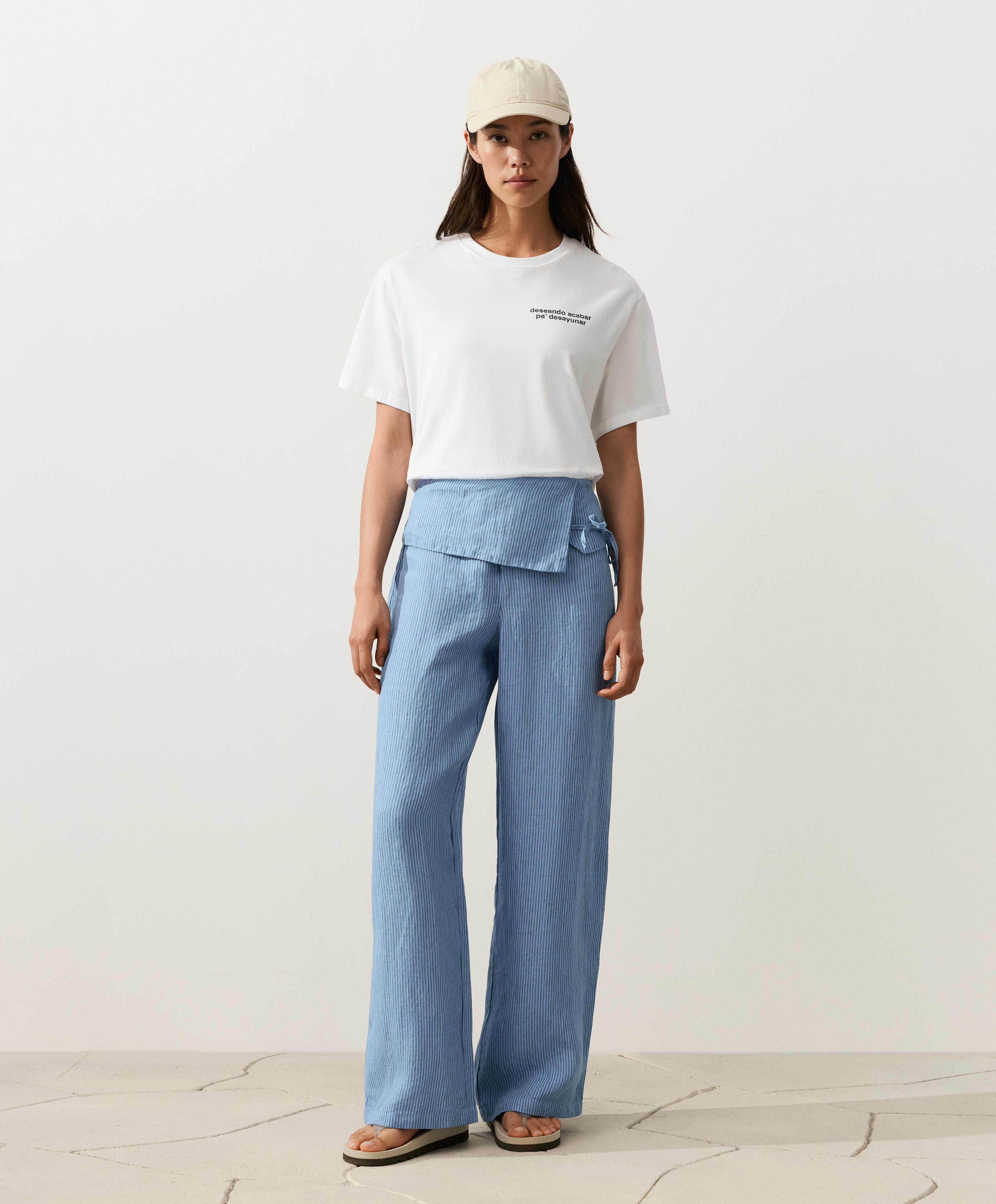 100% linen straight-leg trousers with turn-up waist — MID WASHED GREY-BLUE
