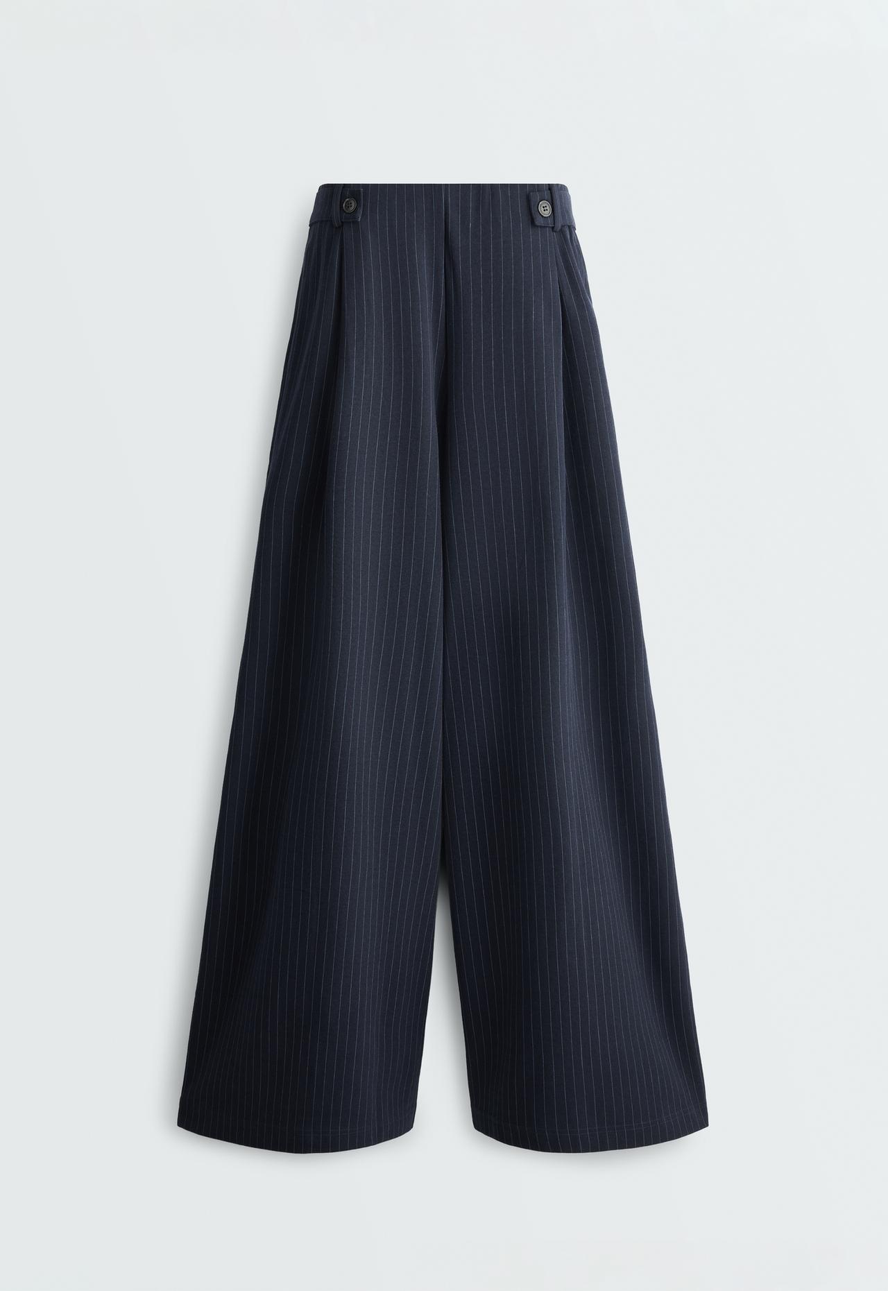 Pinstripe cotton pique wide-leg trousers — NAVY BLUE