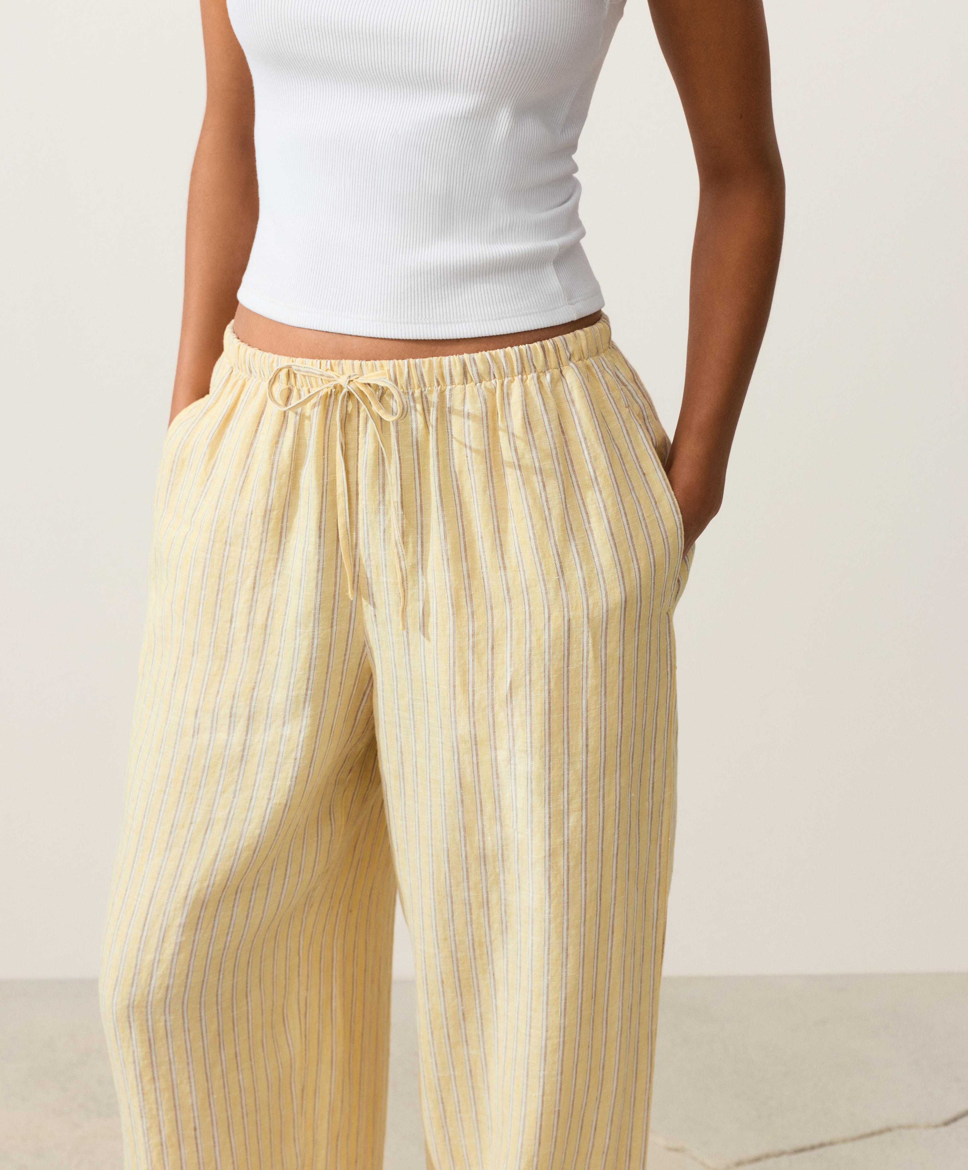 100% linen straight-leg print stripe trousers — SOFT YELLOW