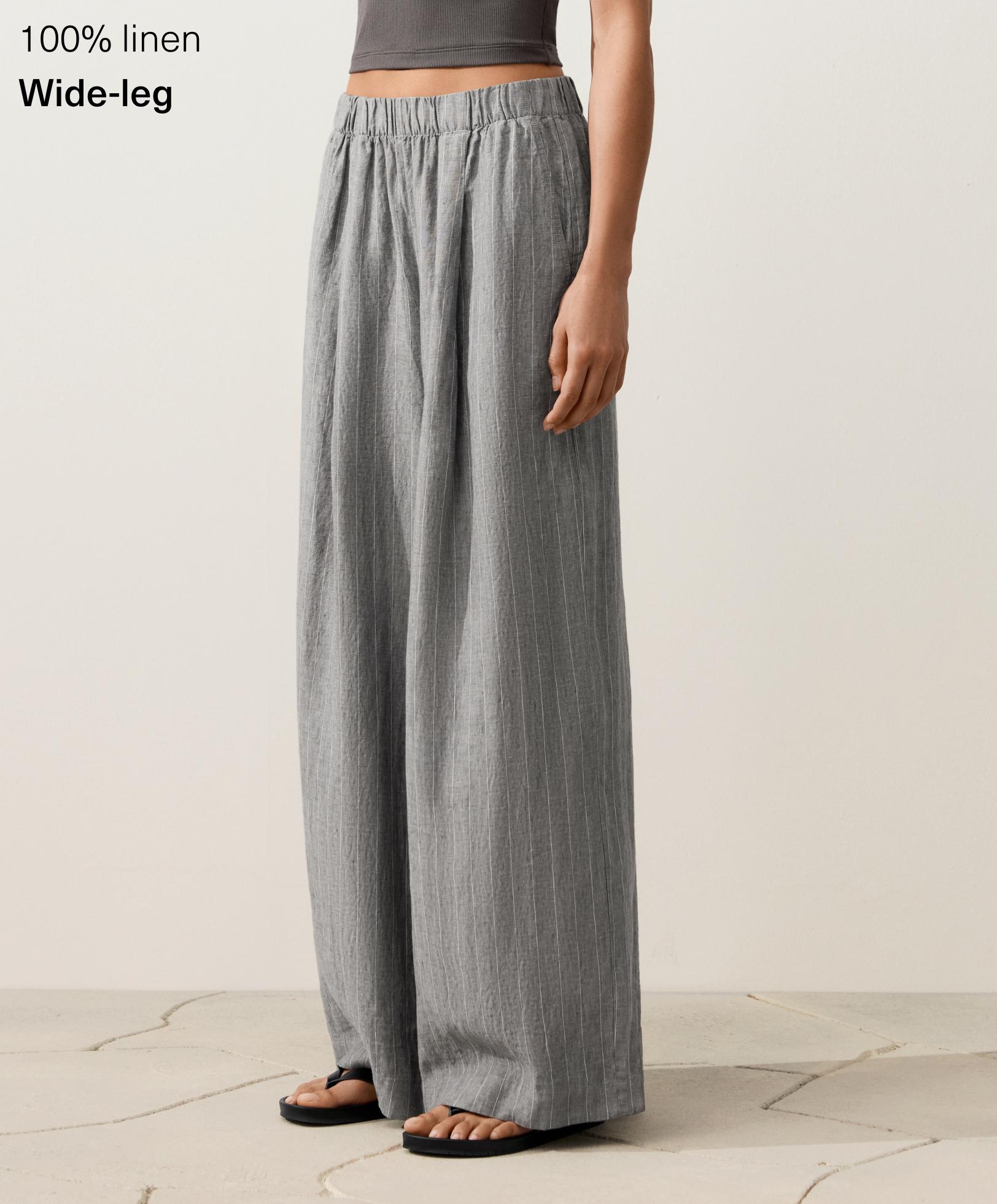 Pantalon wide leg 100&nbsp;% lin à rayures