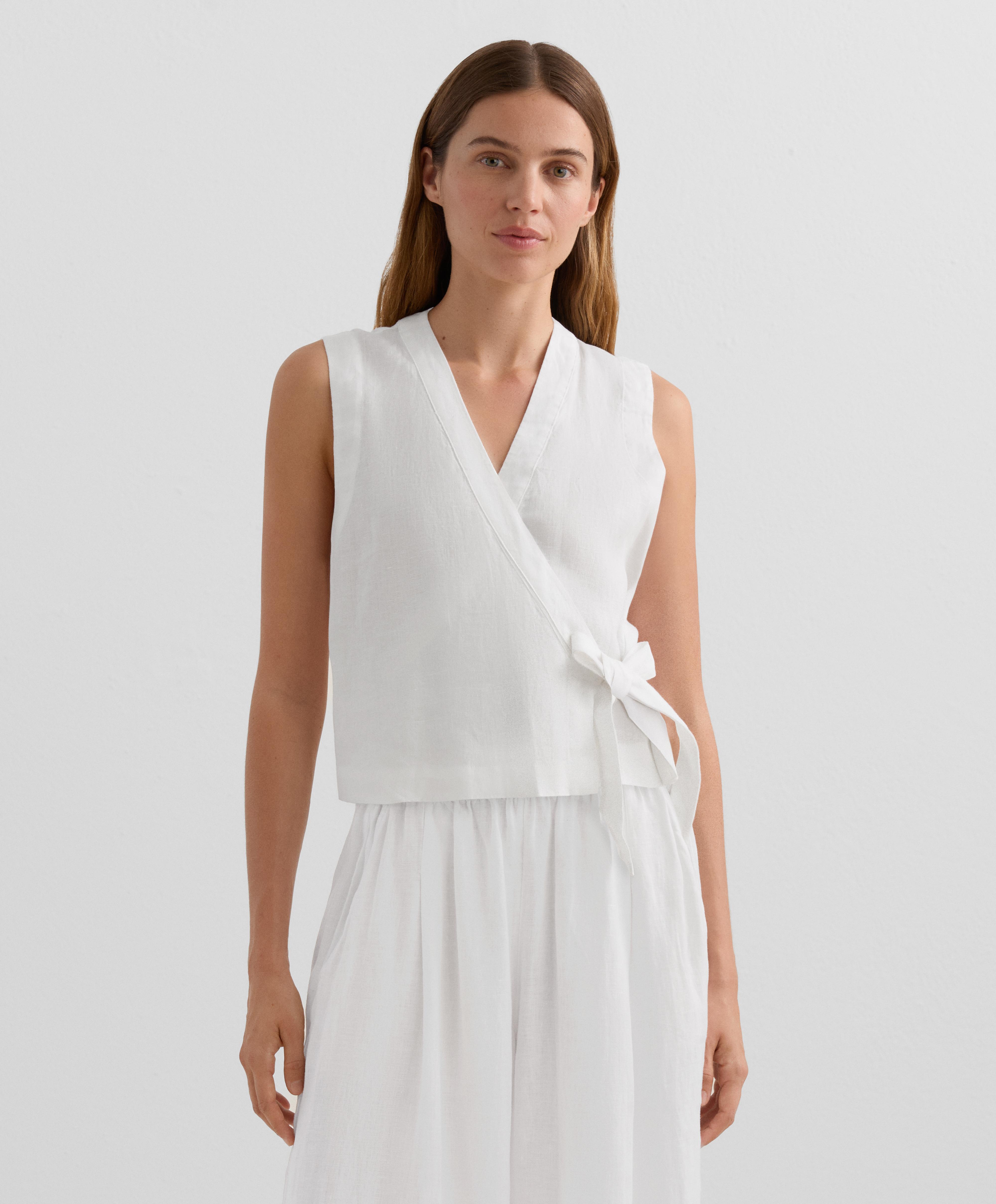 100% linen crossover top with tie fastening — WHITE 