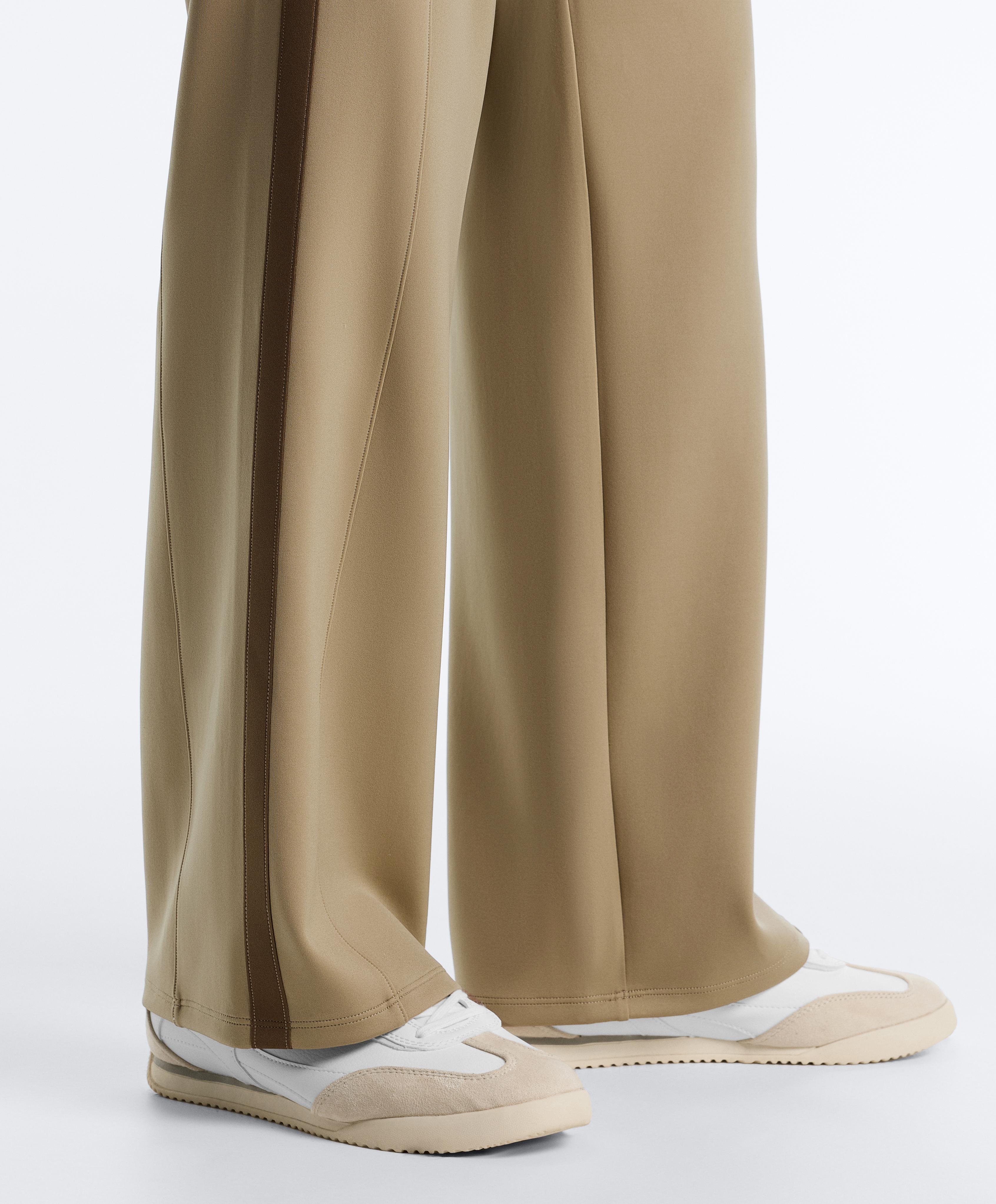 High rise neoprene-effect straight-leg trousers with piping — GREEN BEIGE