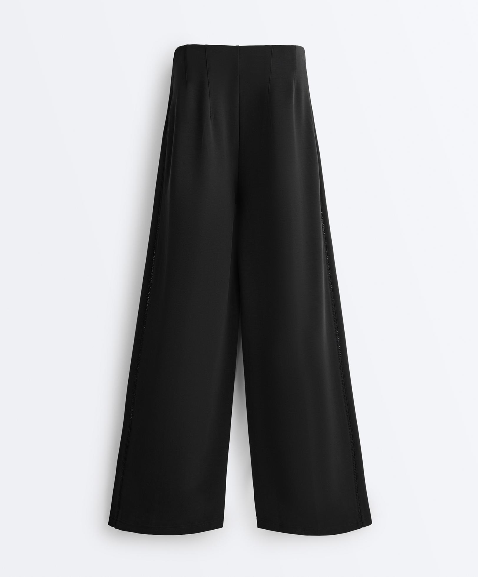 Wide-leg trousers with soft-touch modal and hemstitch — BLACK