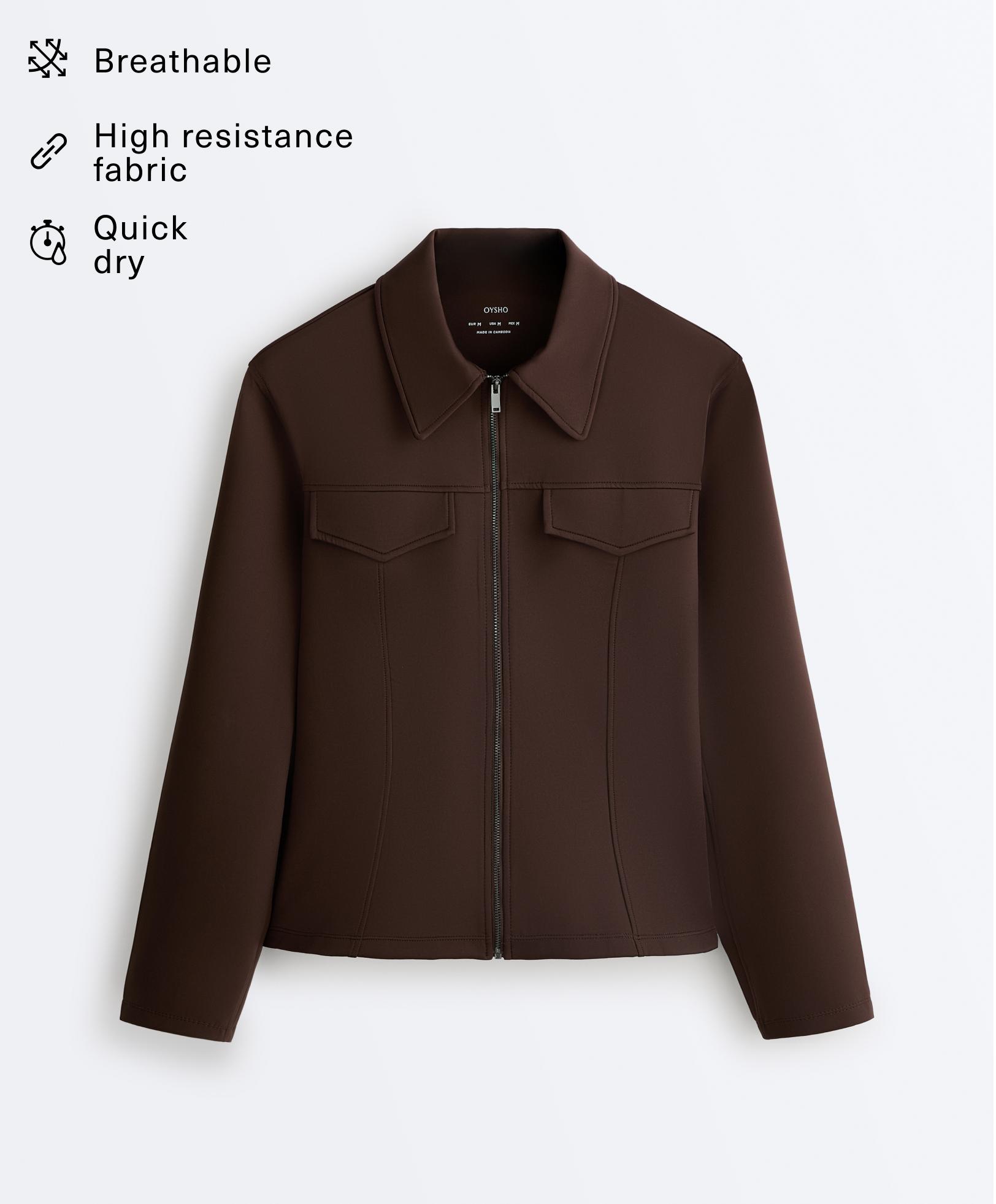 Neoprene-effect peplum jacket with ribbing — BROWN