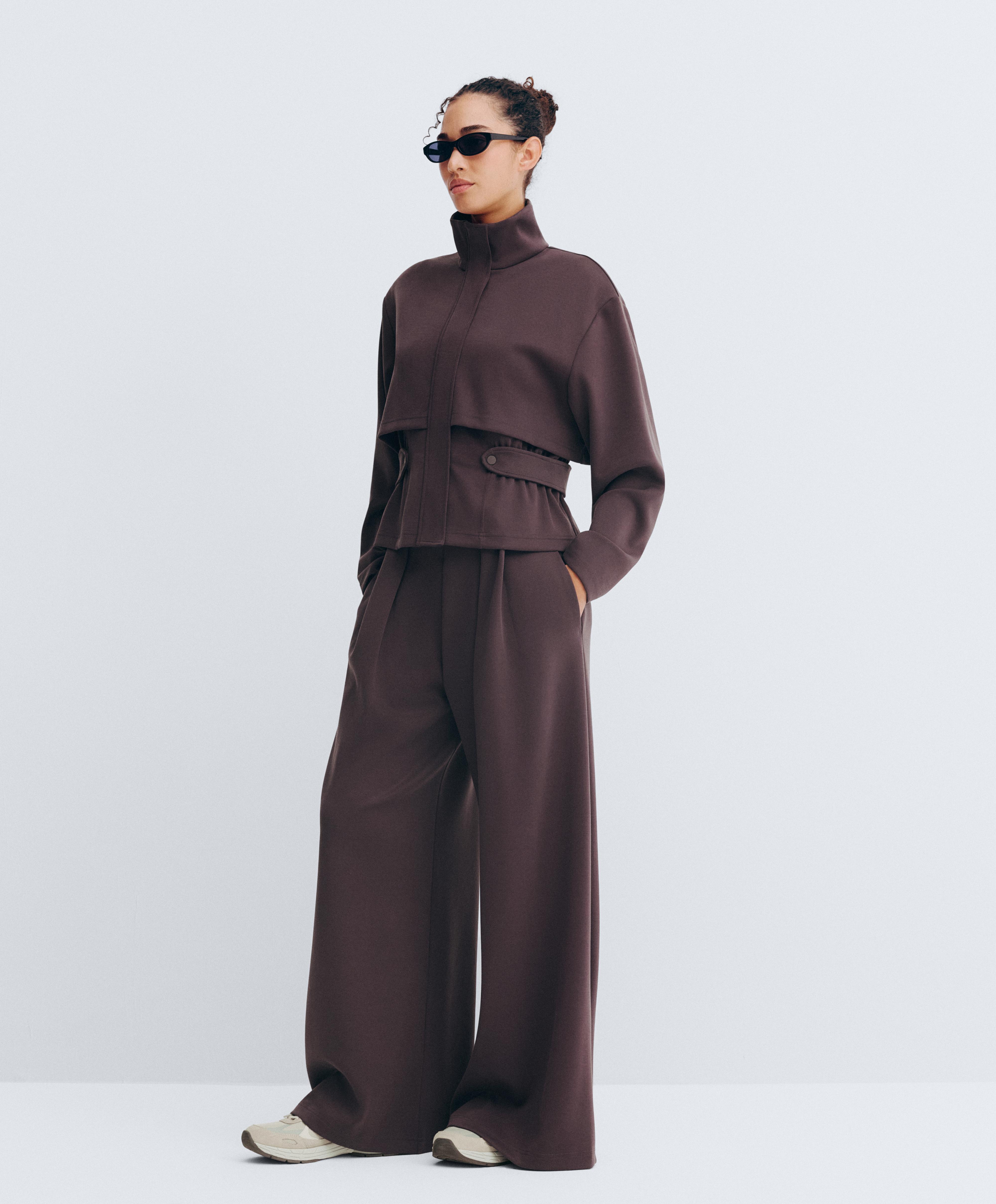 Wide-leg piqué trousers with modal — Purplish brown