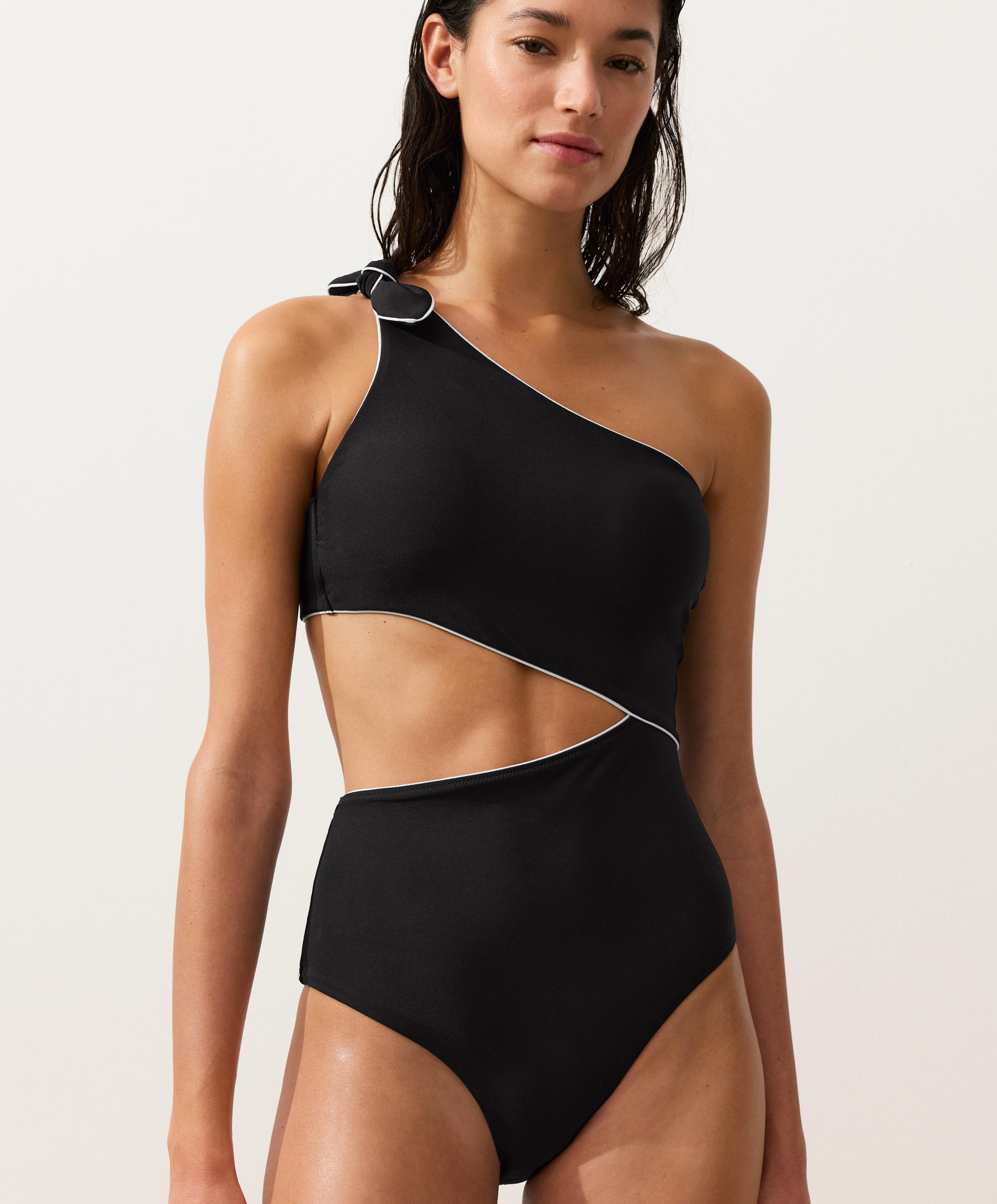 Asymmetric piping bow trikini — BLACK