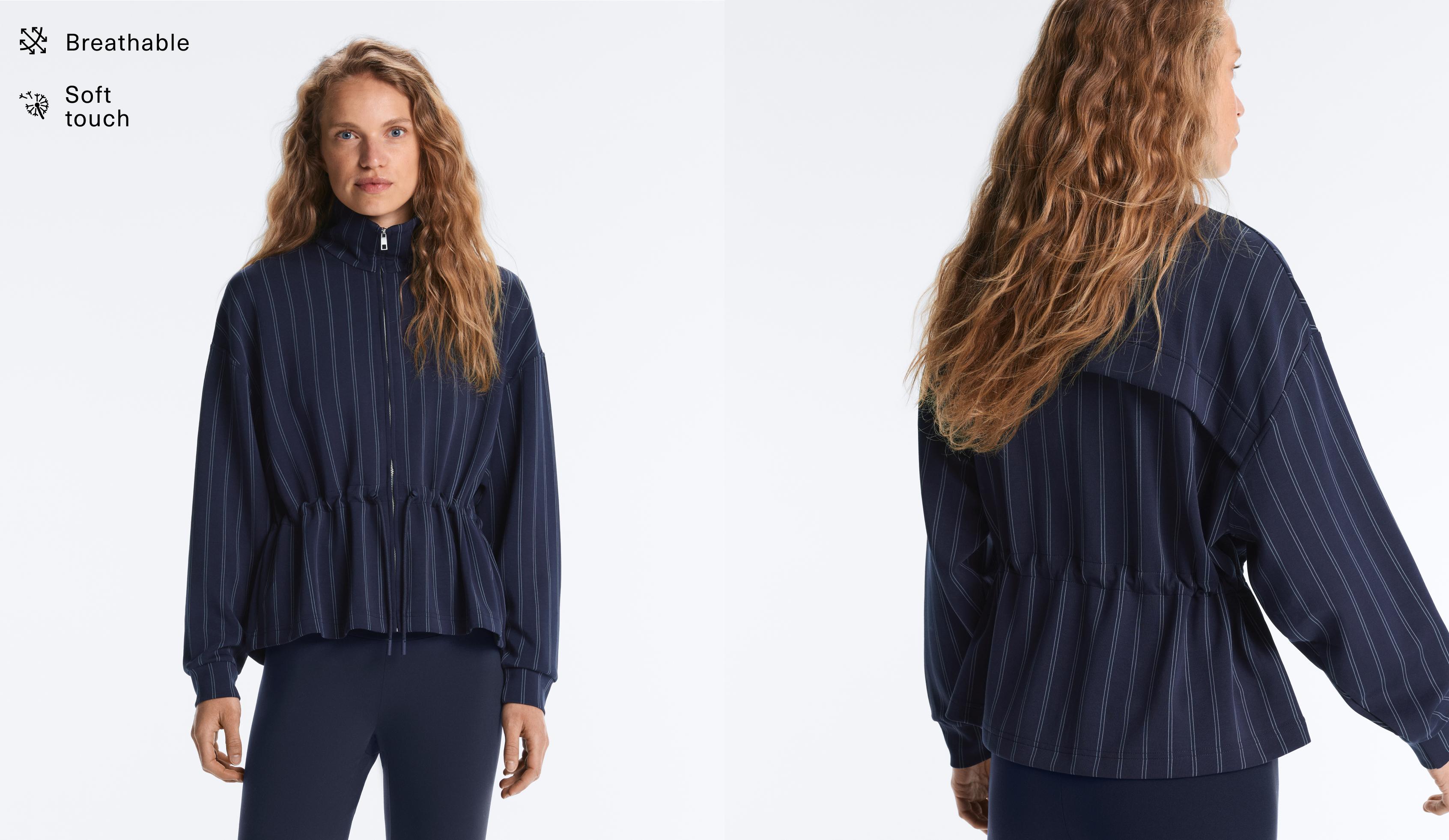 Soft-touch modal jacket with adjustable waist and high collar — NAVY BLUE