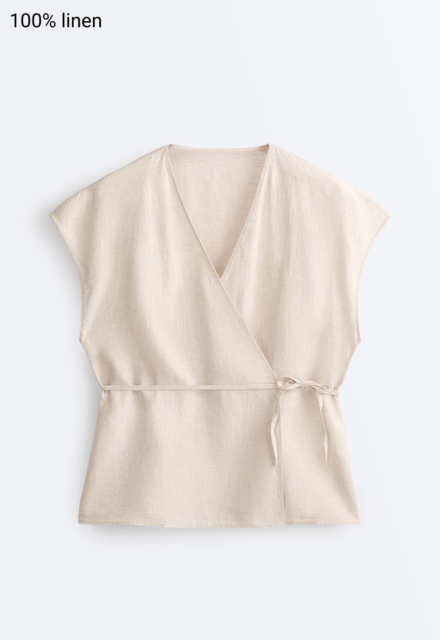 100% linen wrap shirt with tie — SAND MELANGE