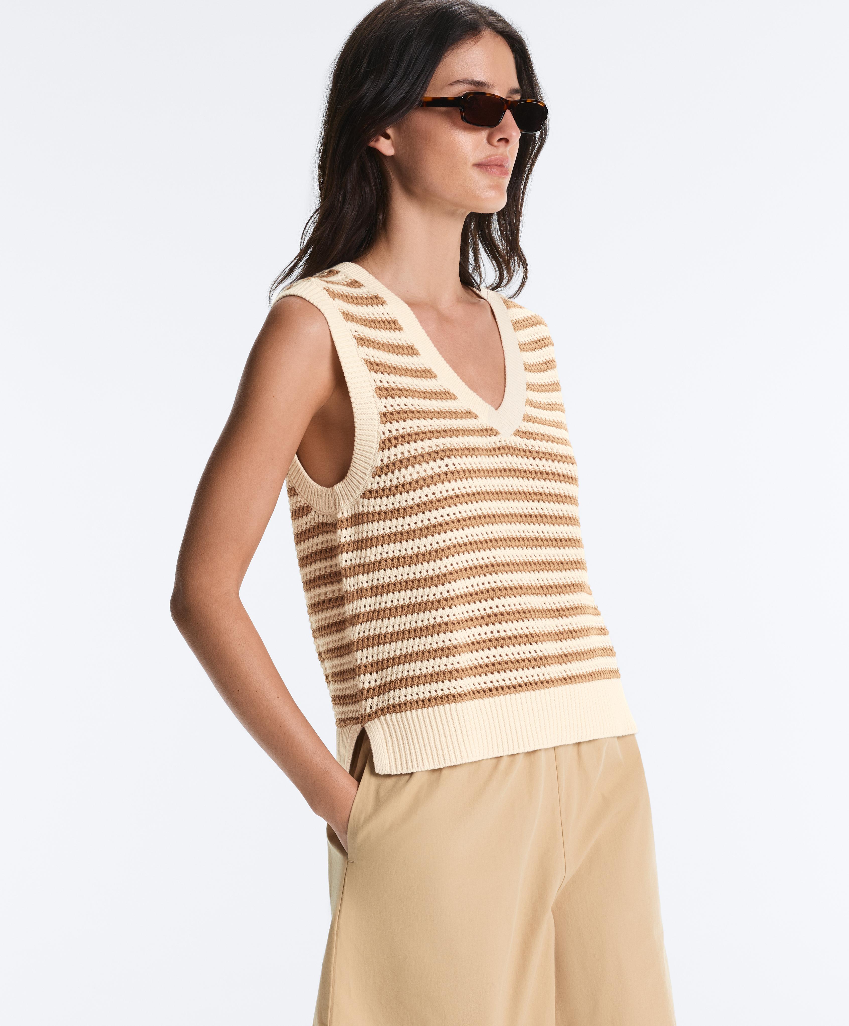 Striped V-neck knit vest — ECRU