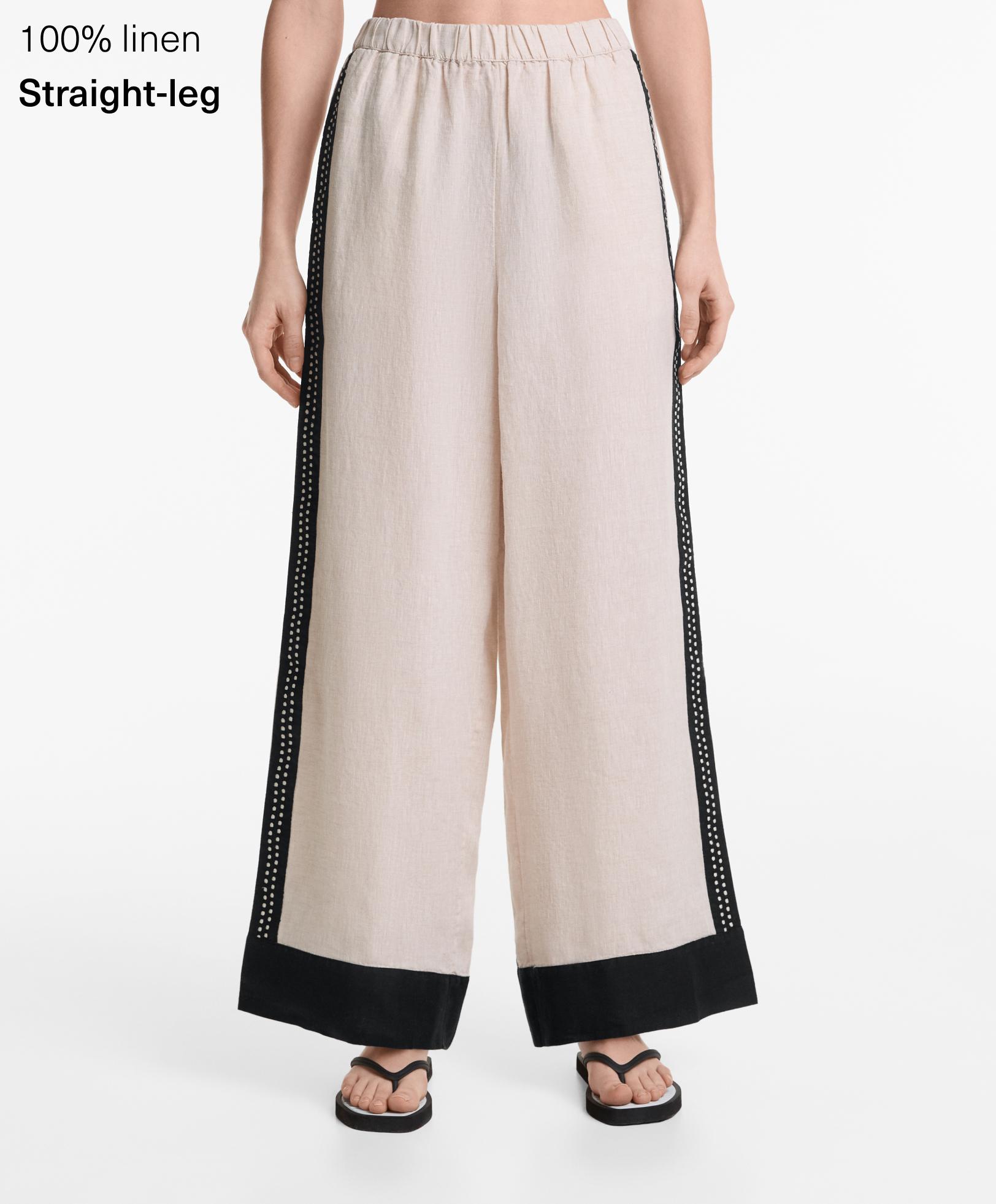 100% linen embroidered trousers