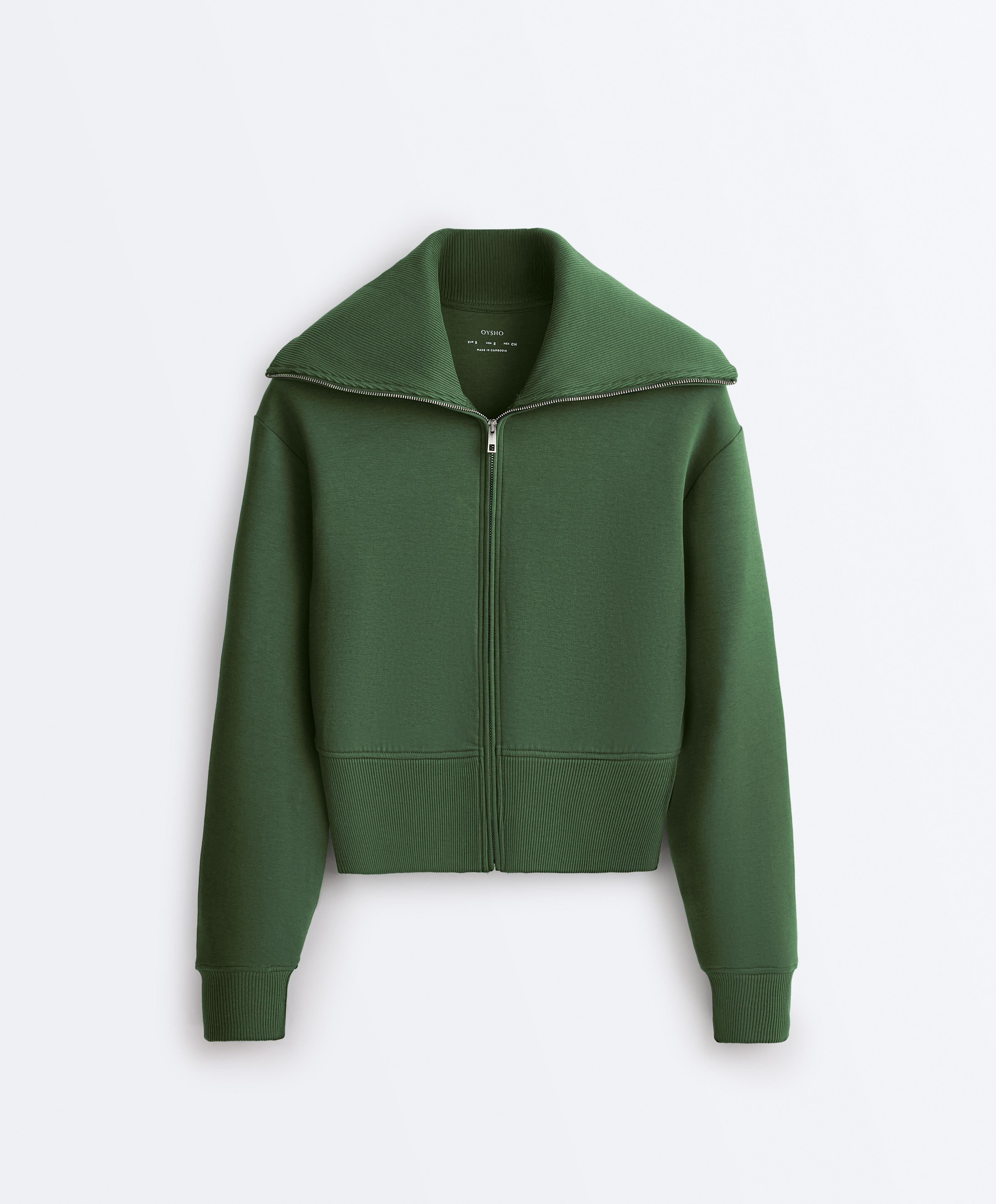 Cotton blend raised neck jacket — GREEN