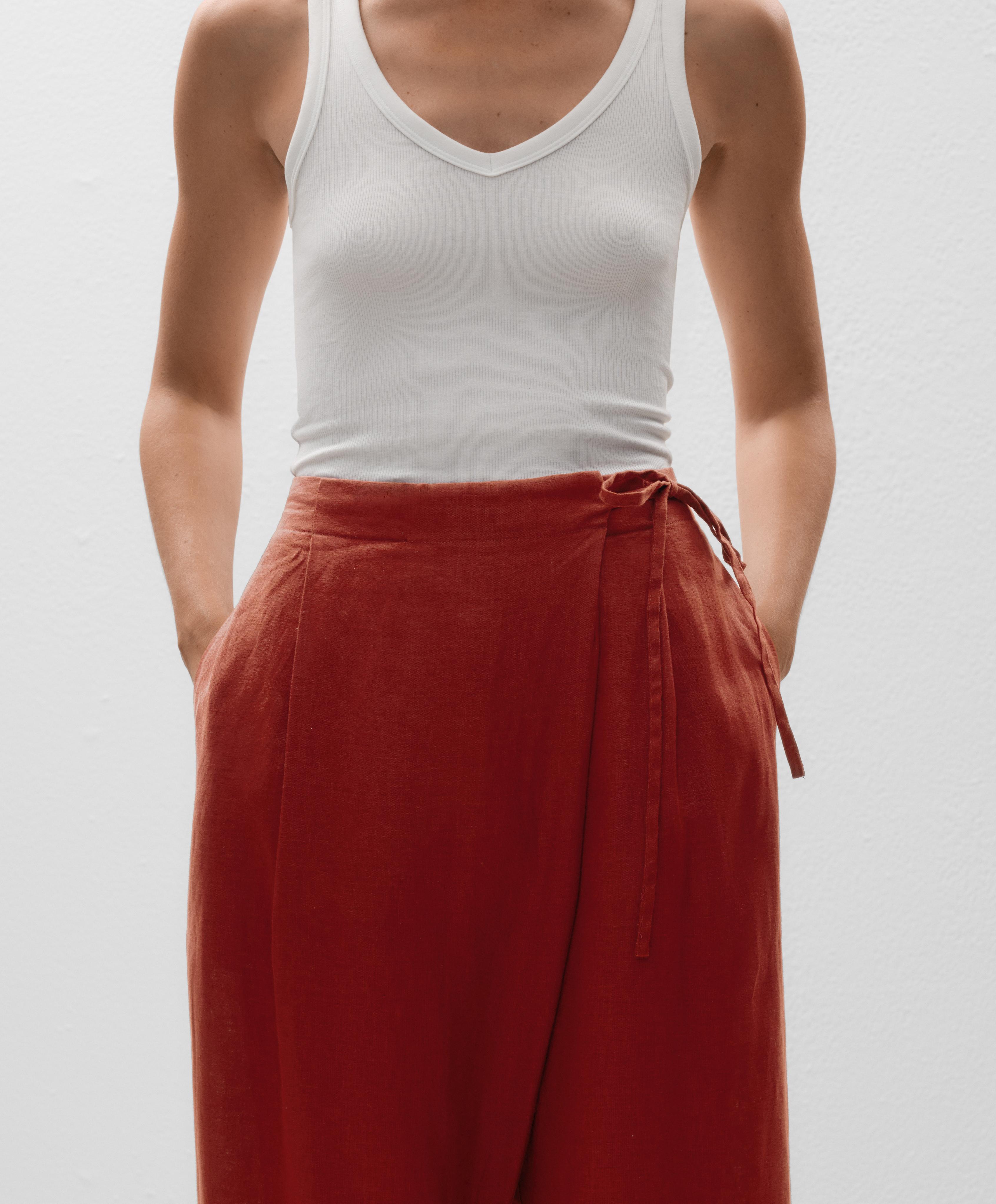 100% linen wide straight-leg trousers with crossover sarong-style wrap - Sale 100% linen wide straight-leg trousers with crossover sarong-style wrap - Sale