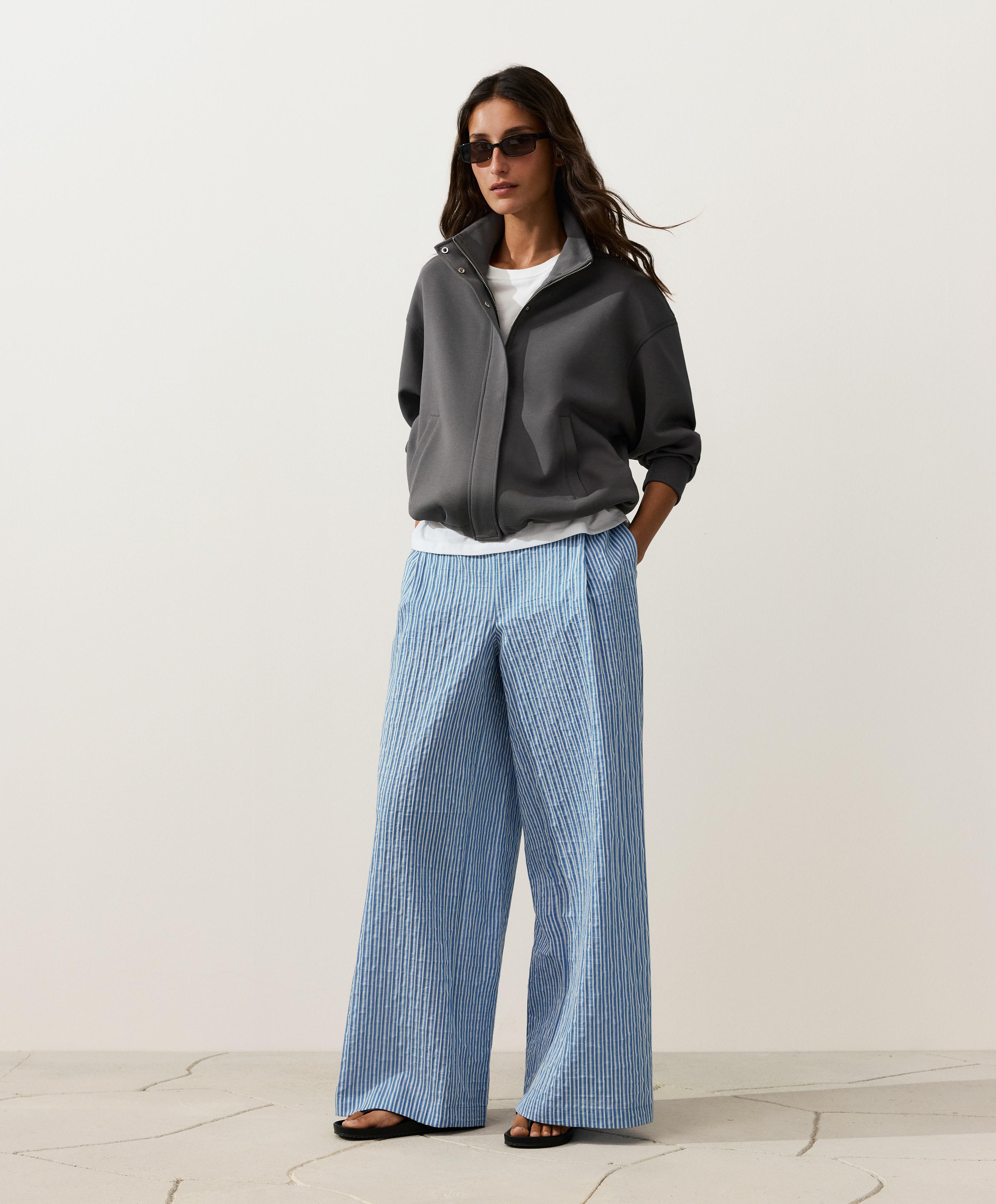 Cotton blend striped straight-leg trousers — MID-BLUE