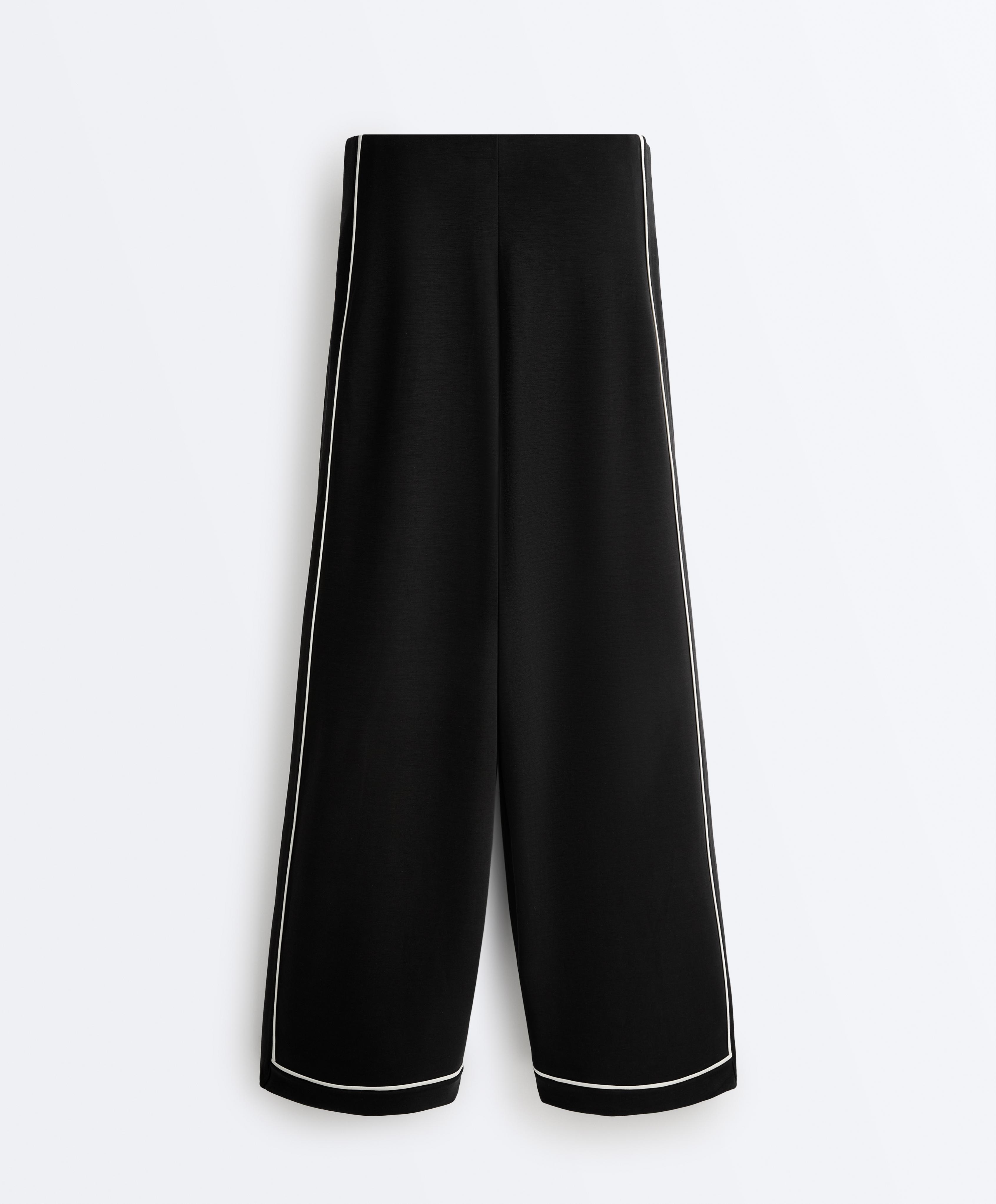 Soft-touch modal wide-leg trousers with contrast piping — BLACK