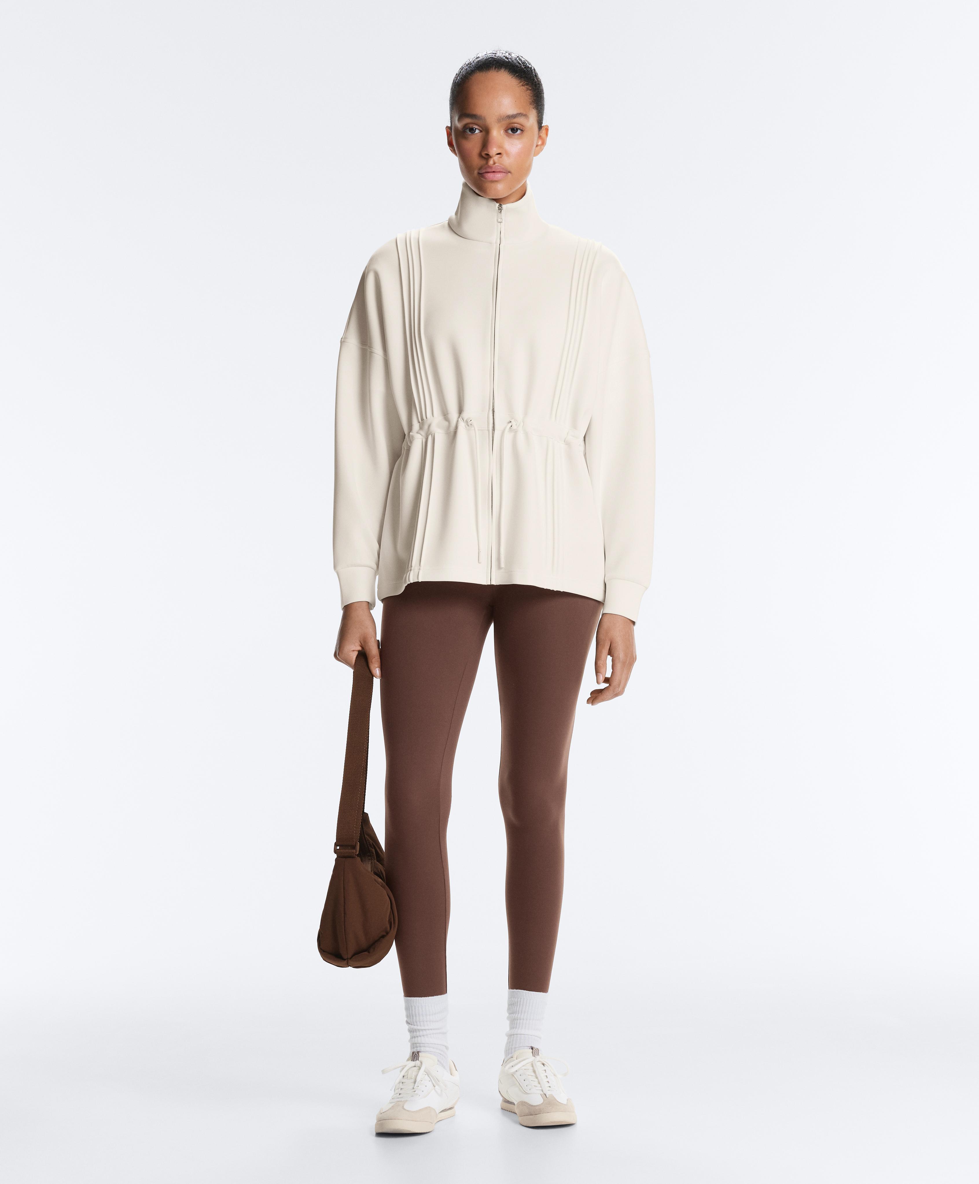Long jacket with ribbed high neck and soft-touch modal — PALE ECRU