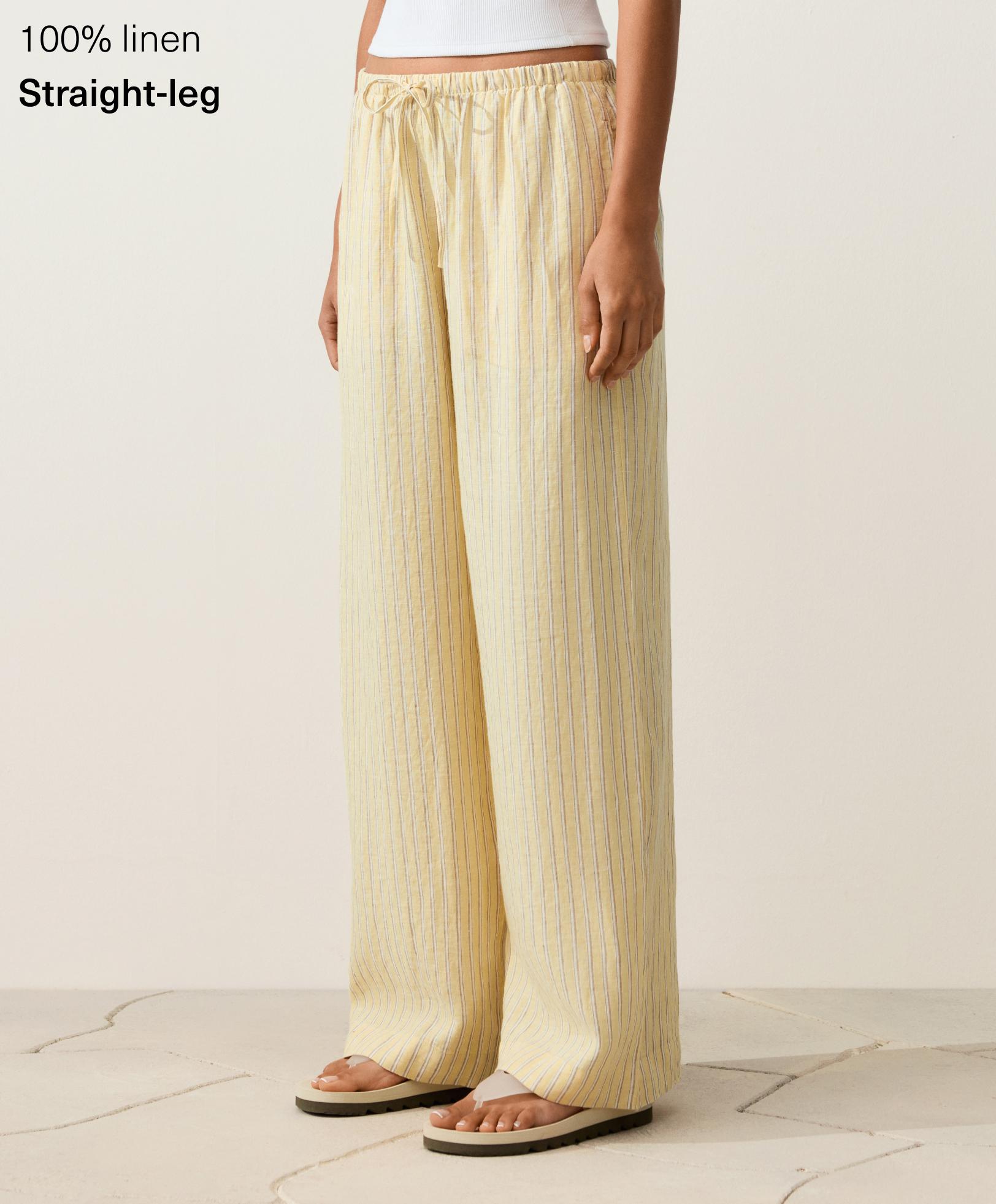 100% linen straight-leg print stripe trousers — SOFT YELLOW