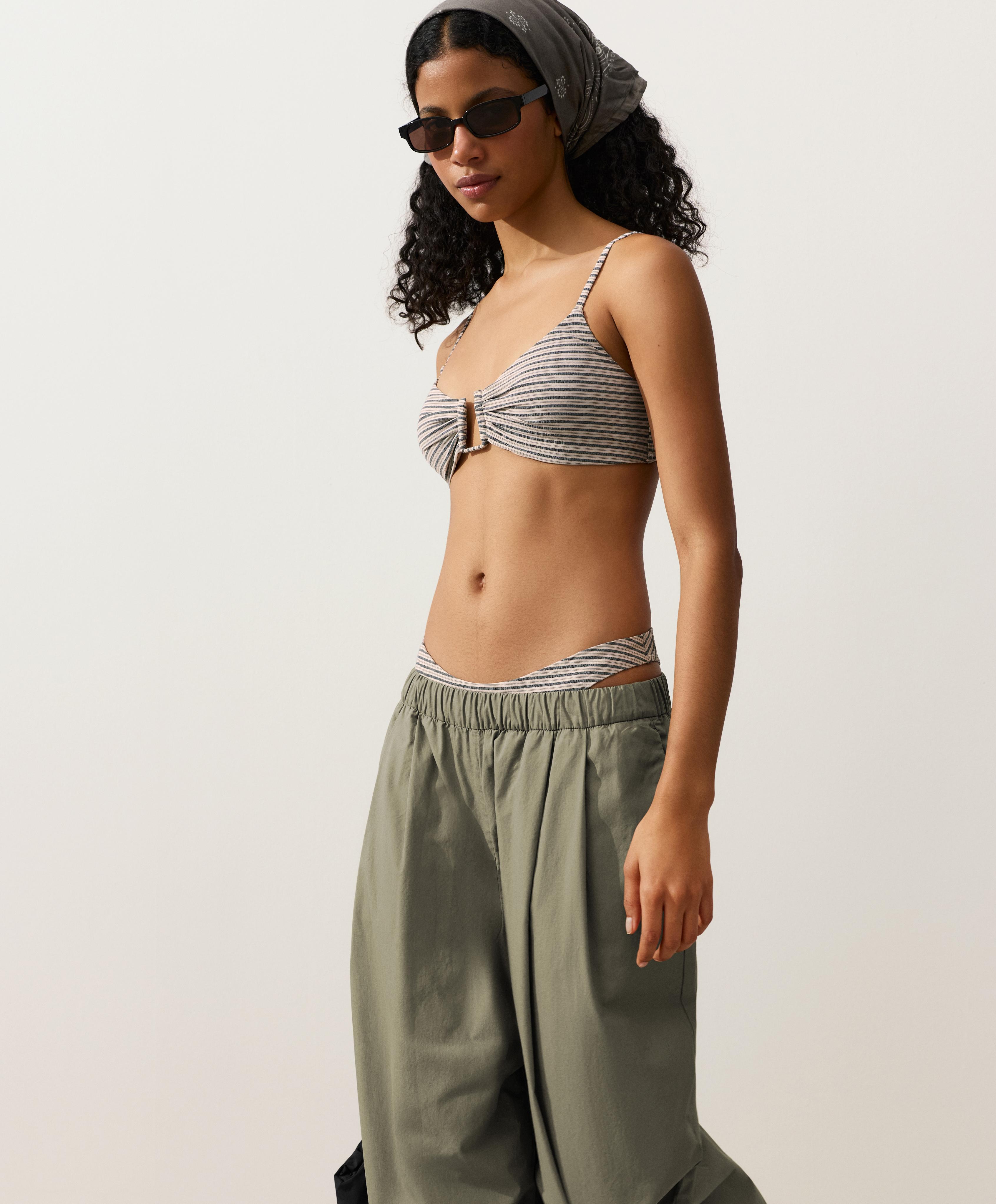 Striped U-cut medium-coverage bikini briefs — SAND
