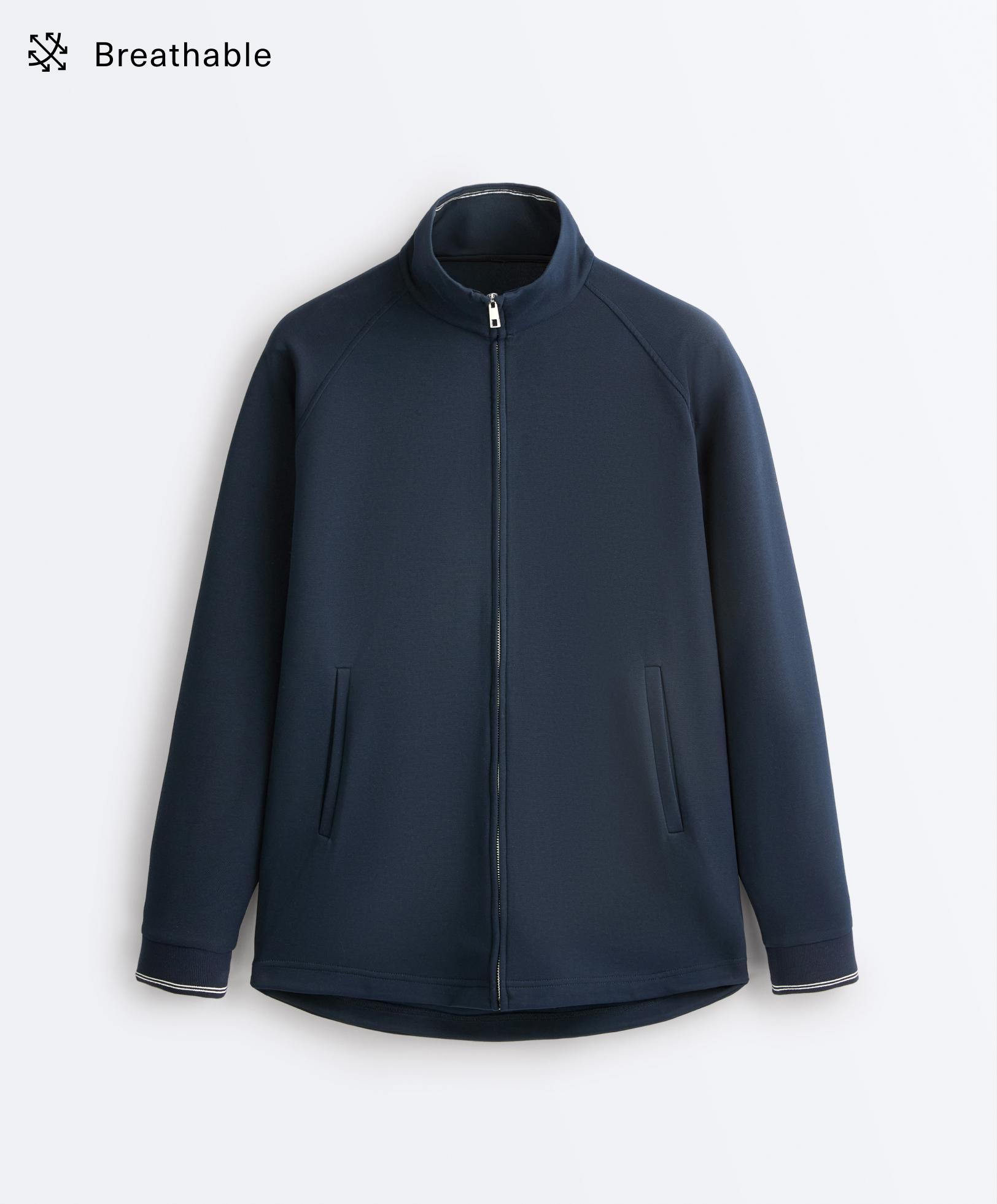 Long piqué jacket with contrast cotton piping — NAVY BLUE