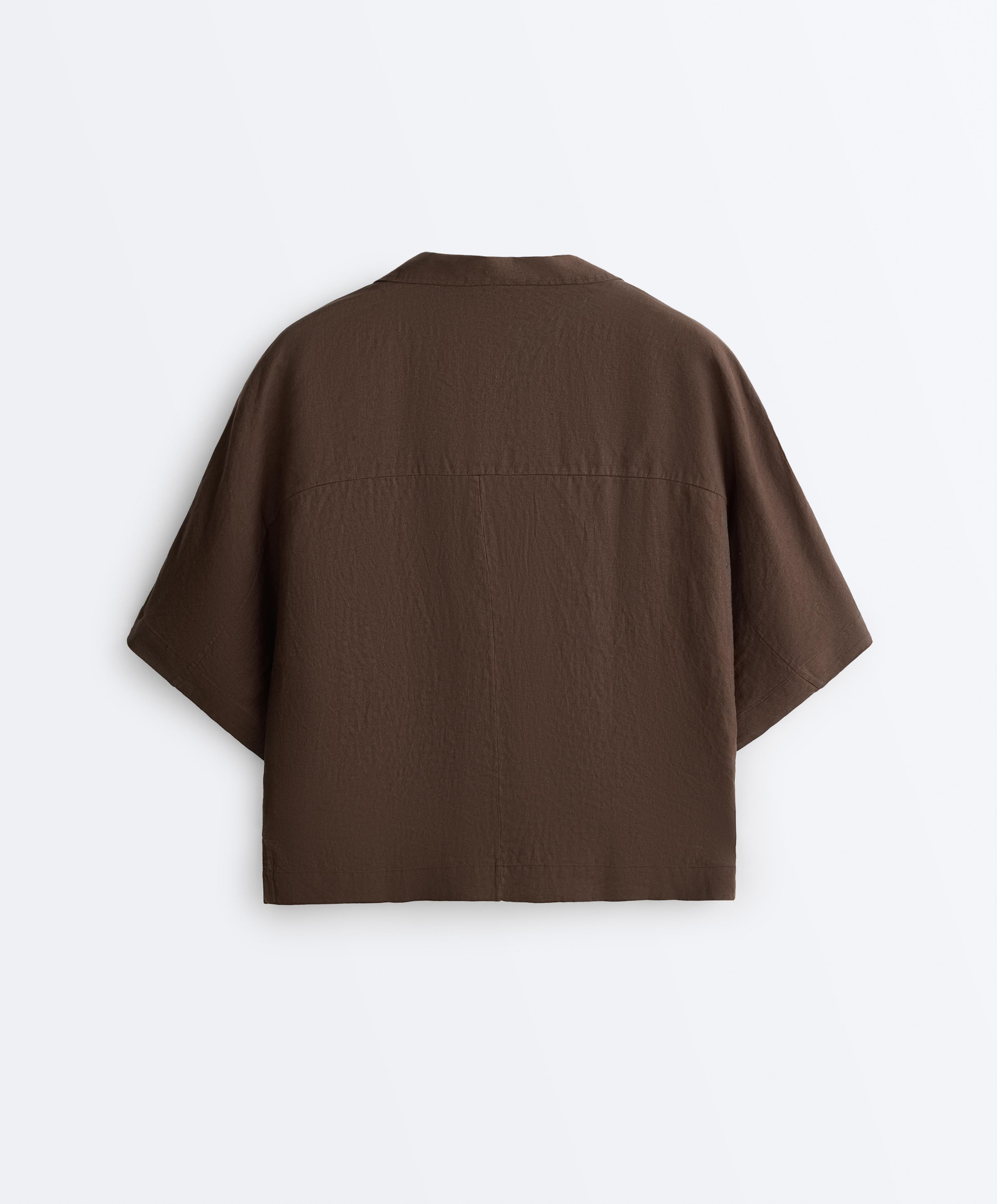 Oversize 100% linen polo shirt — DARK BROWN
