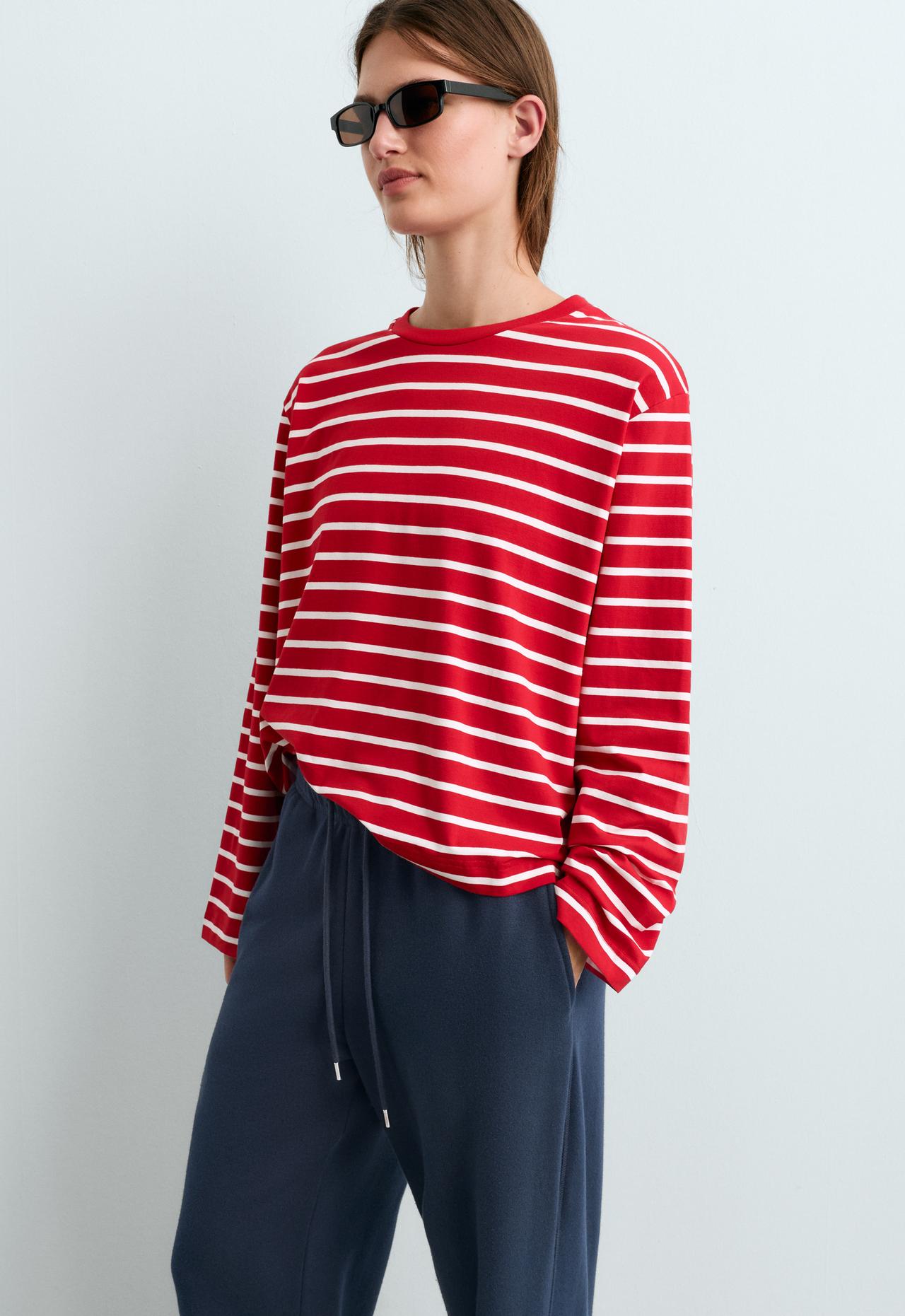 Boxy long-sleeved striped cotton-blend T-shirt — RED