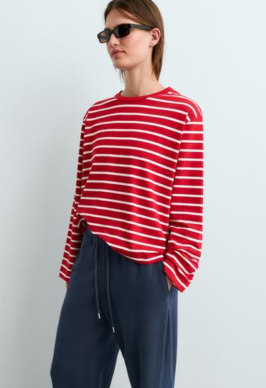 Boxy long-sleeved striped cotton-blend T-shirt — RED 2