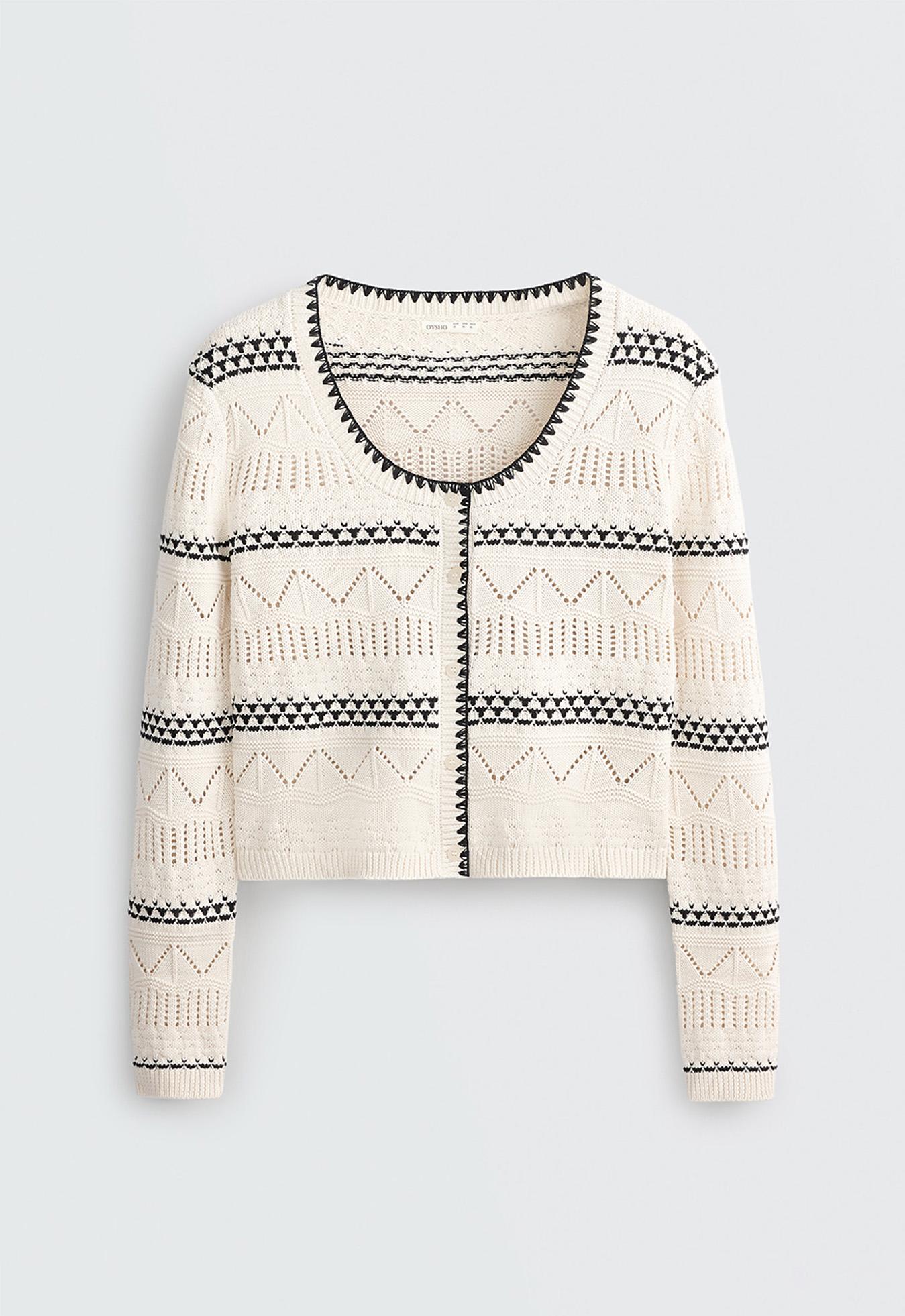 100% cotton contrast open-knit cardigan — PALE ECRU