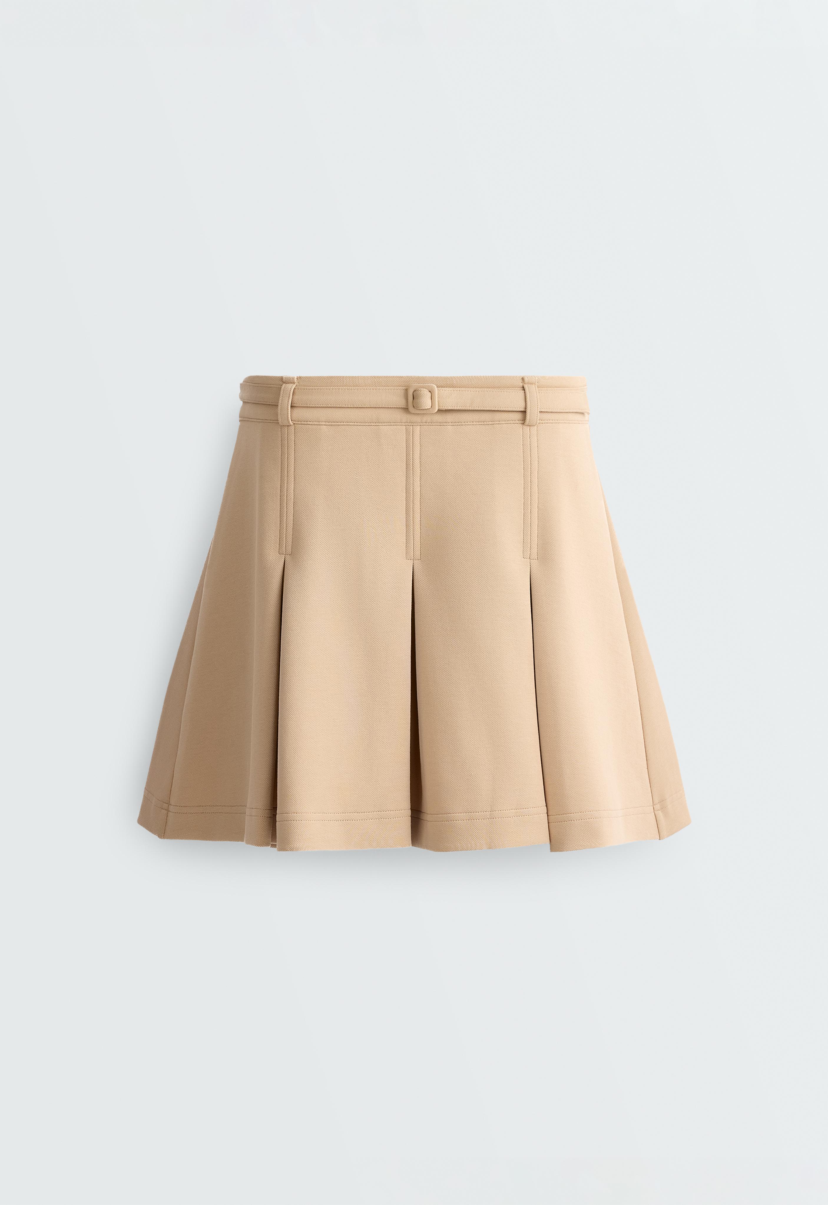 High-rise pleated short skirt with belt — BEIGE