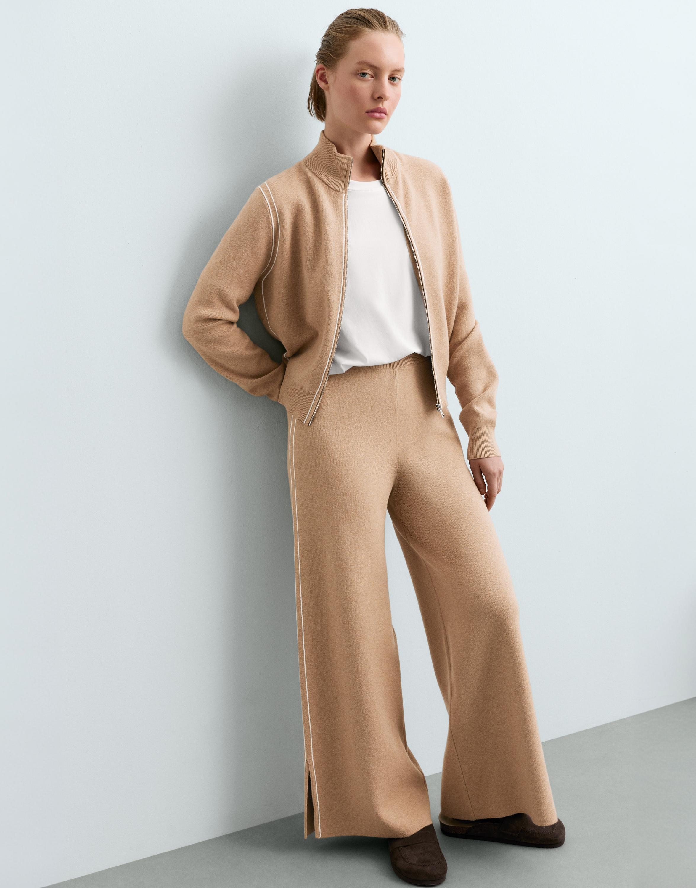 Contrast piping knit jacket — CAMEL