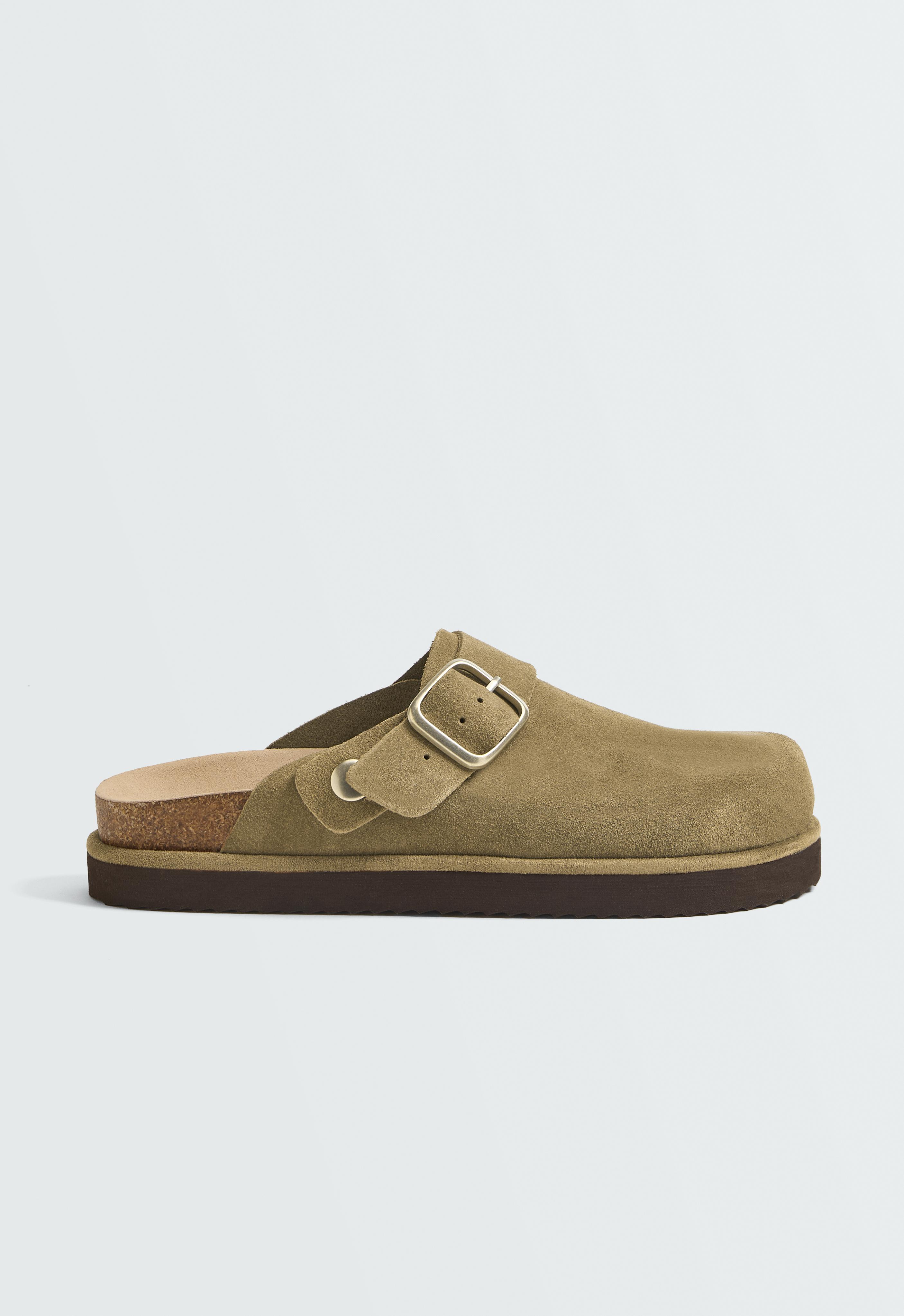 Split-leather buckled mules