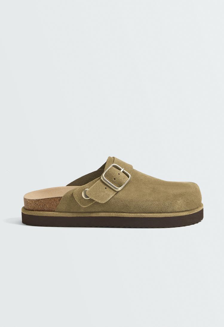 Split-leather buckled clog — KHAKI