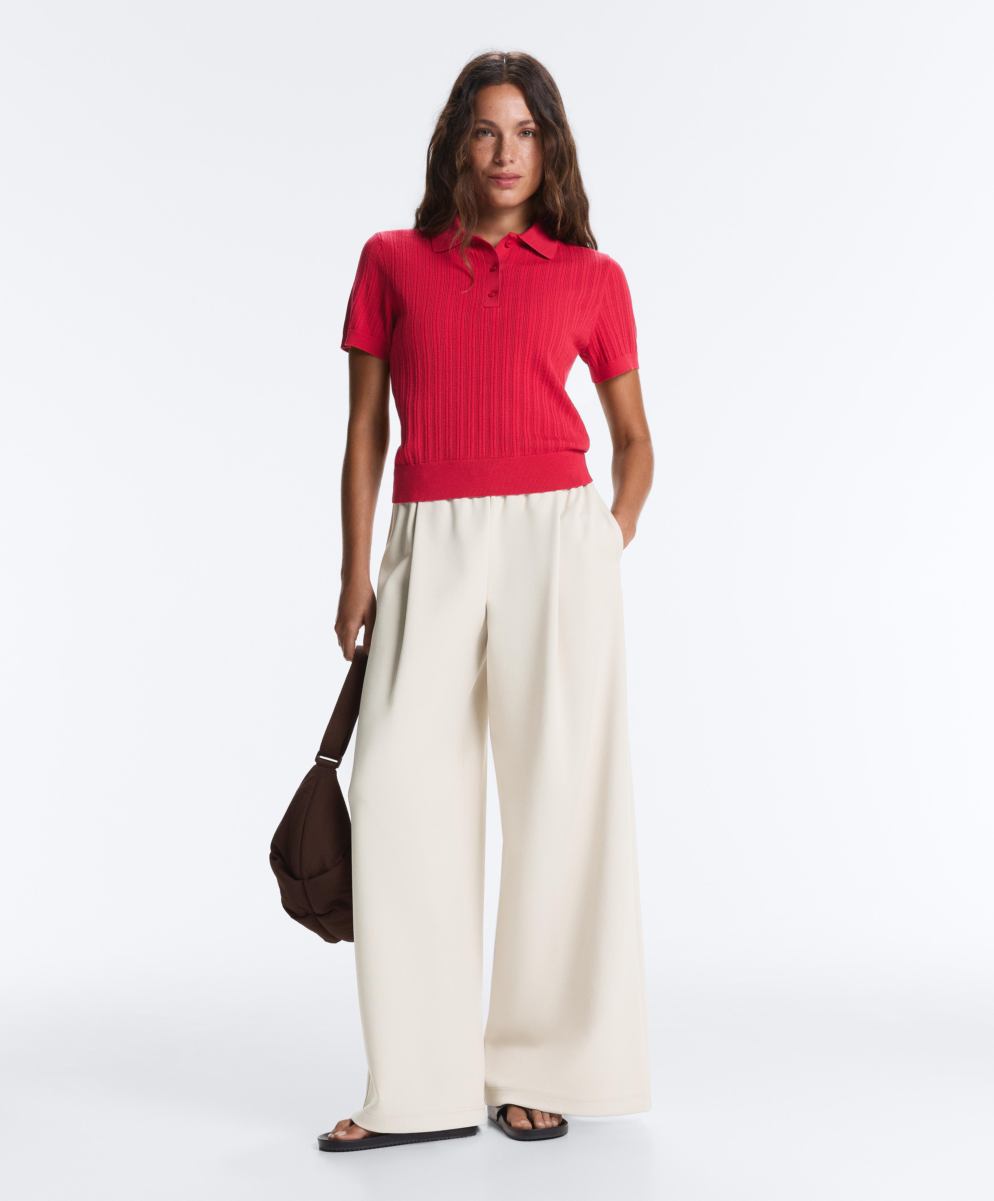 Short sleeve open knit polo shirt — RED