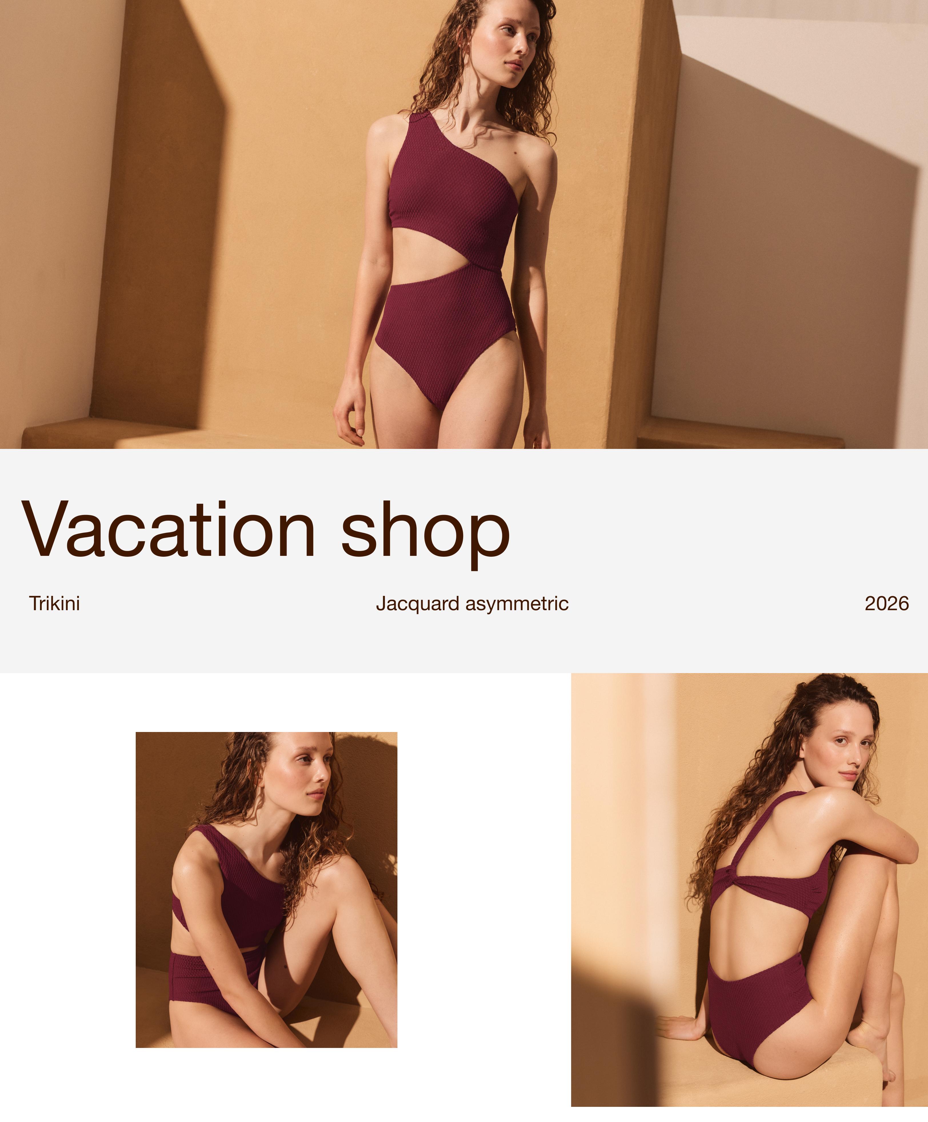 Mini check jacquard asymmetric trikini — CHERRY