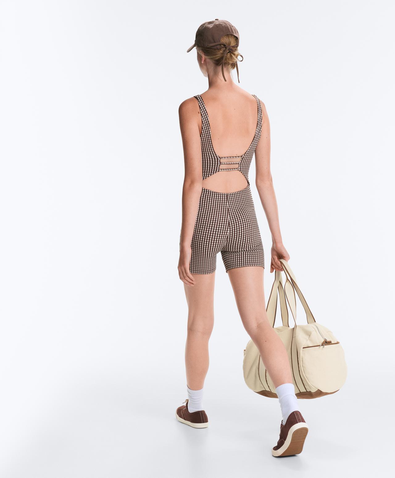 Comfortlux gingham short jumpsuit — DARK REDDISH‑BROWN