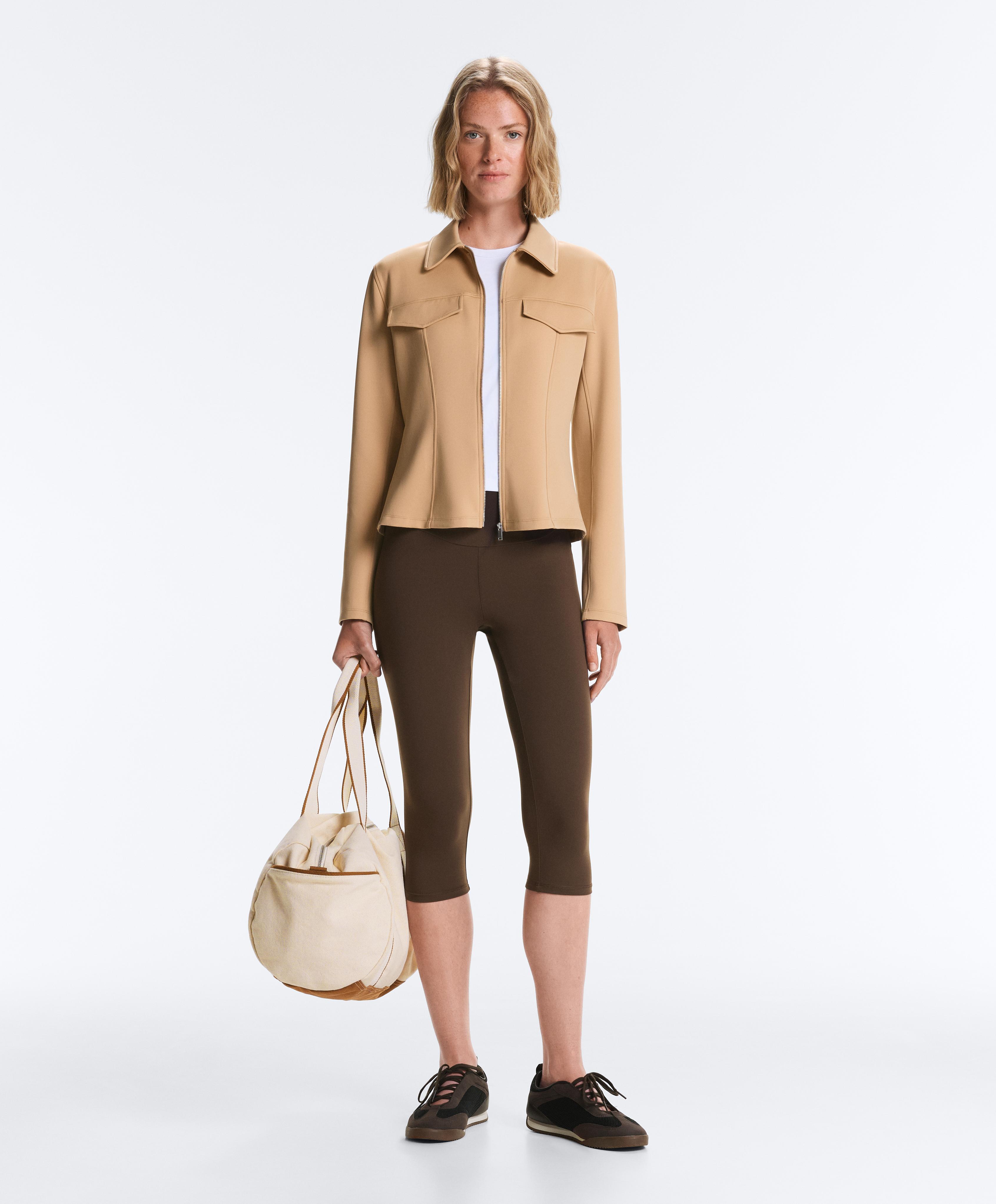Neoprene-effect peplum jacket with ribbing — PALE CAMEL
