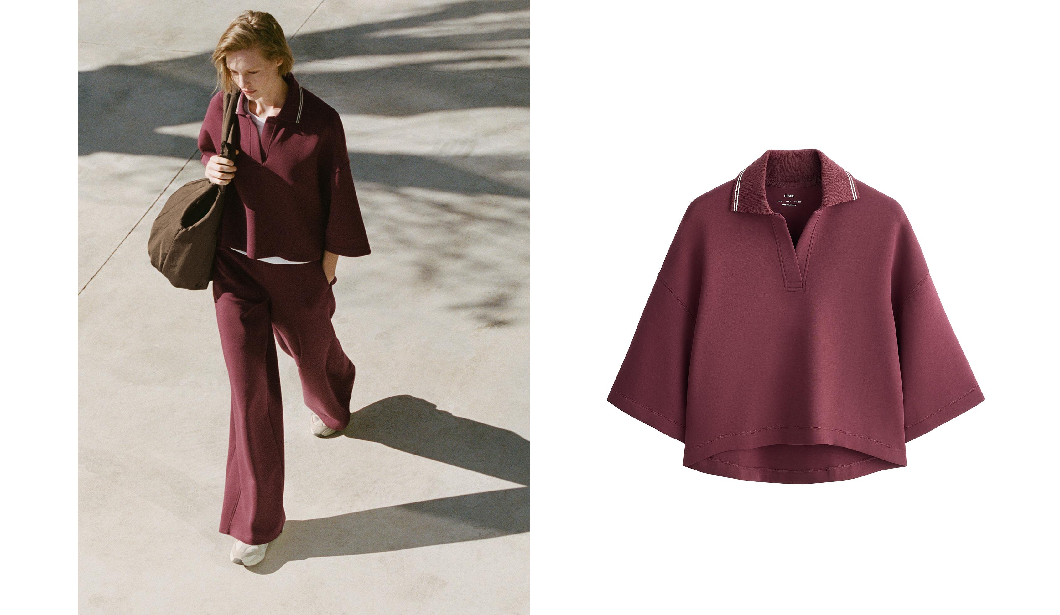 Cotton blend polo sweatshirt with wide sleeves — CHERRY