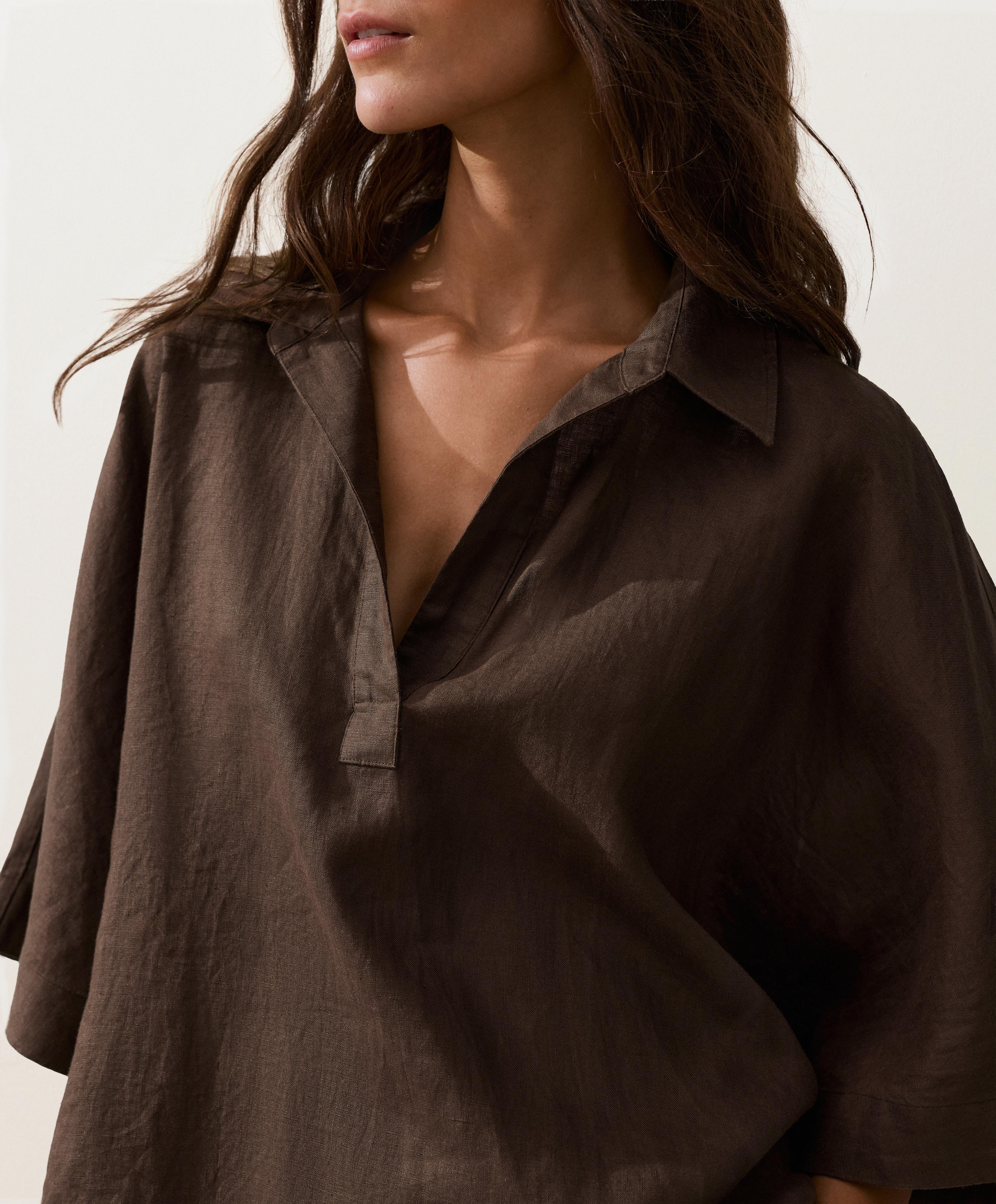 Oversize 100% linen polo shirt — DARK BROWN
