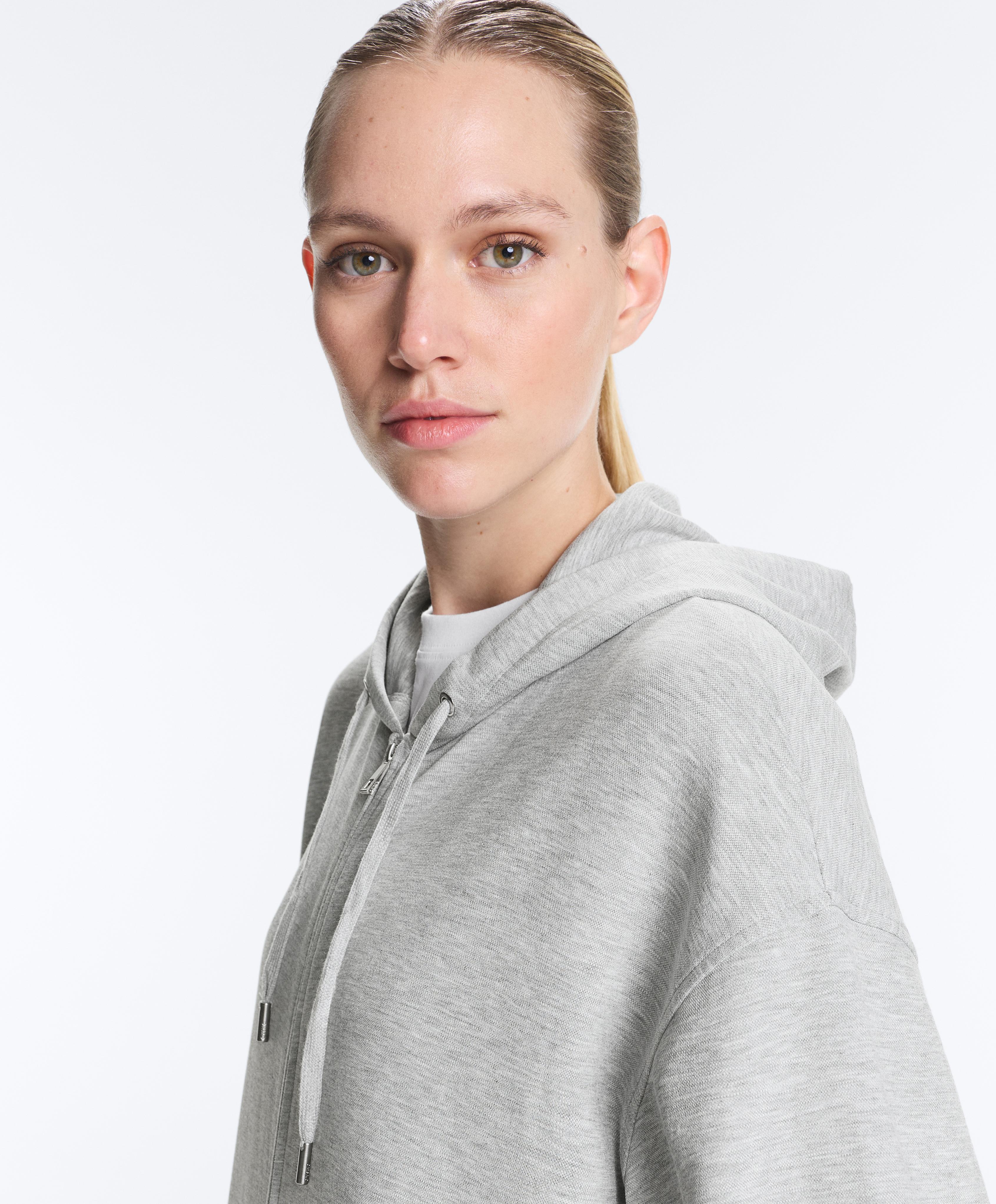 Long melange piqué hooded jacket — GREY MELANGE